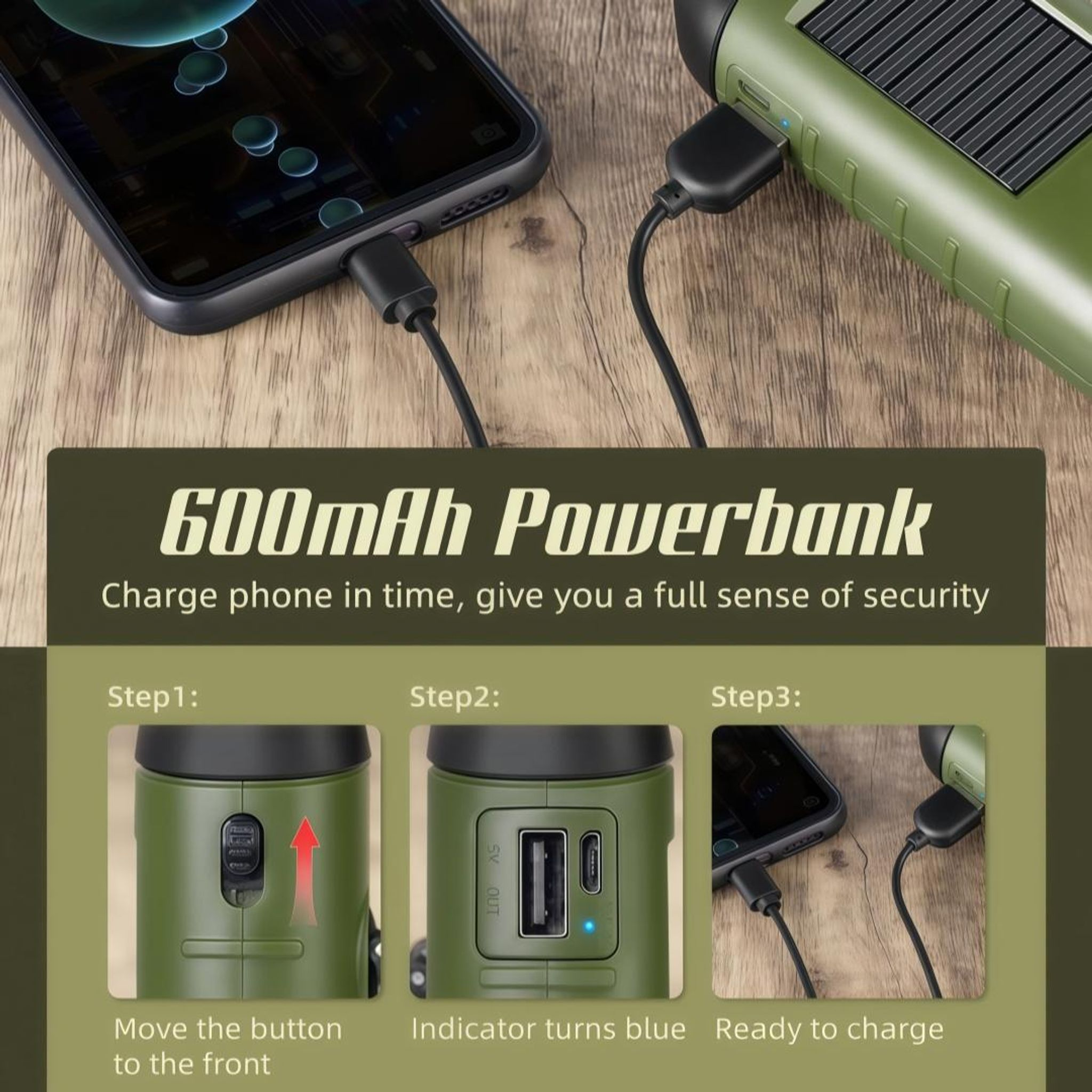 Grünes Powerbank lädt Smartphone. Anleitung in drei Schritten.