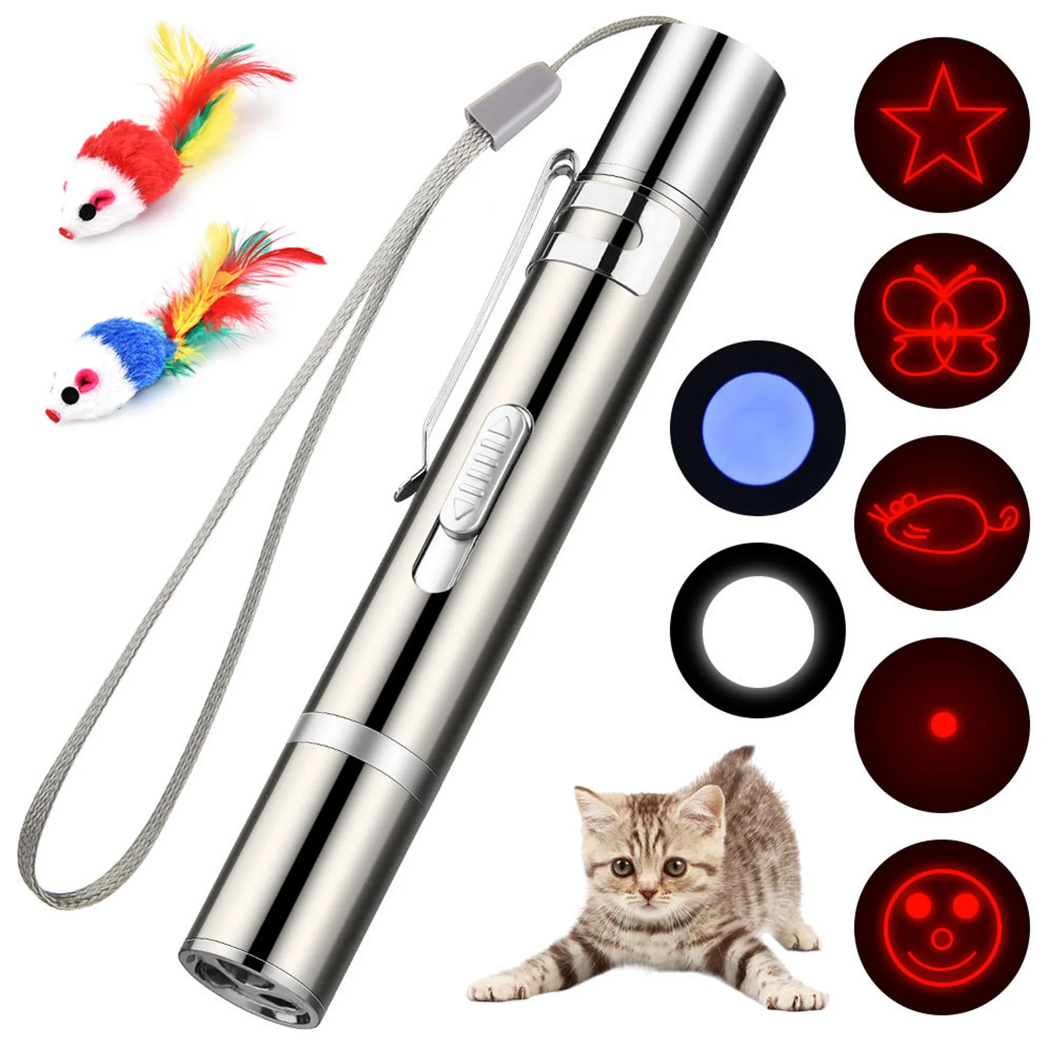 Silberner Laserpointer mit Katzenspielzeug und verschiedenen Lichtmustern.
