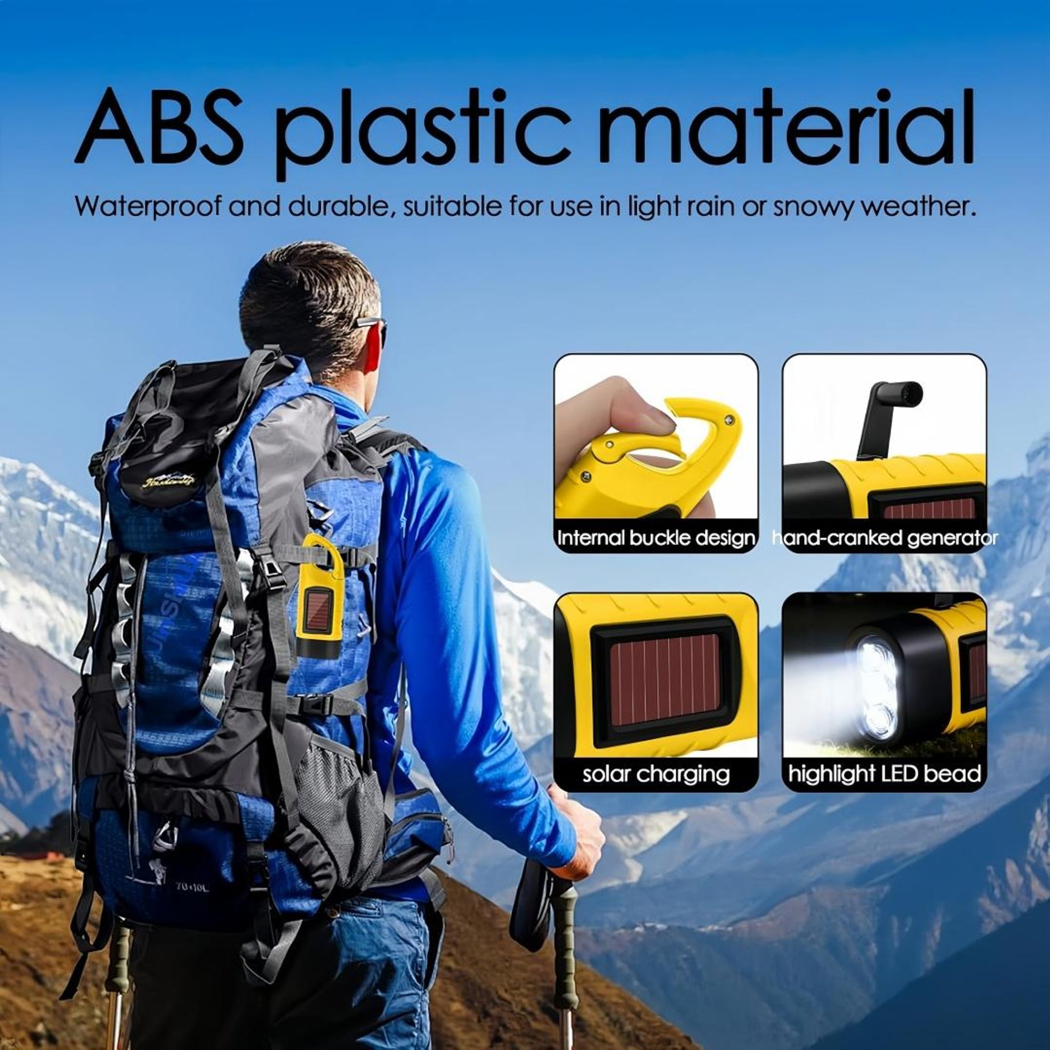 Ein Wanderer mit Rucksack und einer gelben Solar-Taschenlampe im Gebirge.