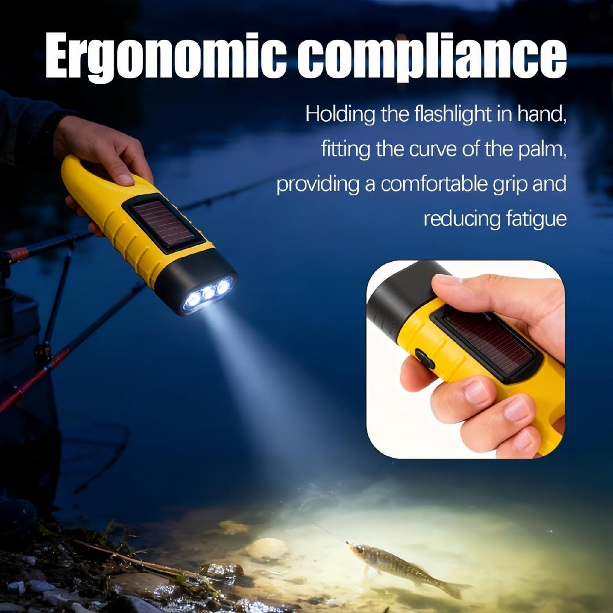 Gelbe Taschenlampe mit Solarpanel leuchtet auf einen Fisch im Wasser.