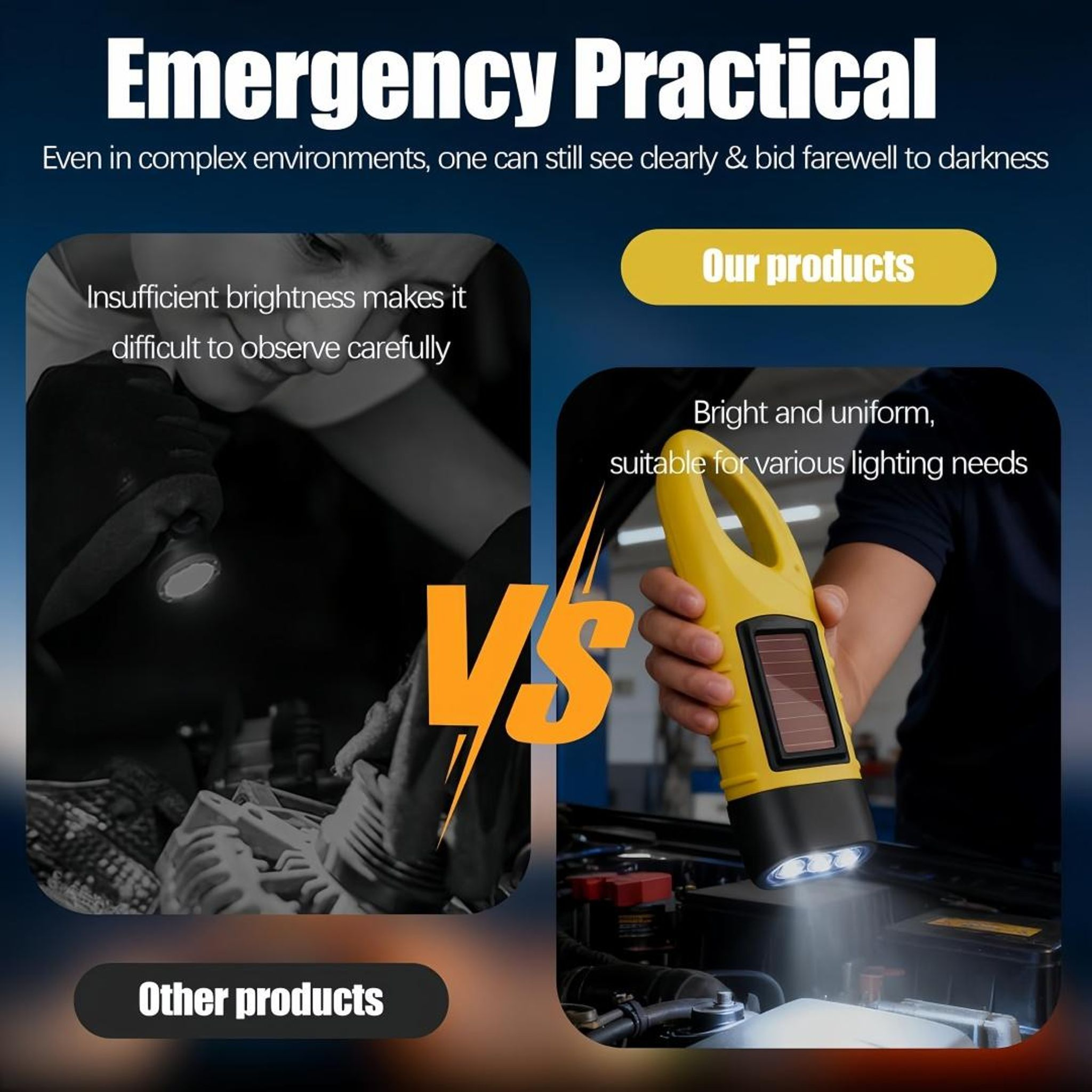 Vergleich von zwei Produkten: Taschenlampe beleuchtet dunklen Motorraum vs. helle, gelbe Lampe.