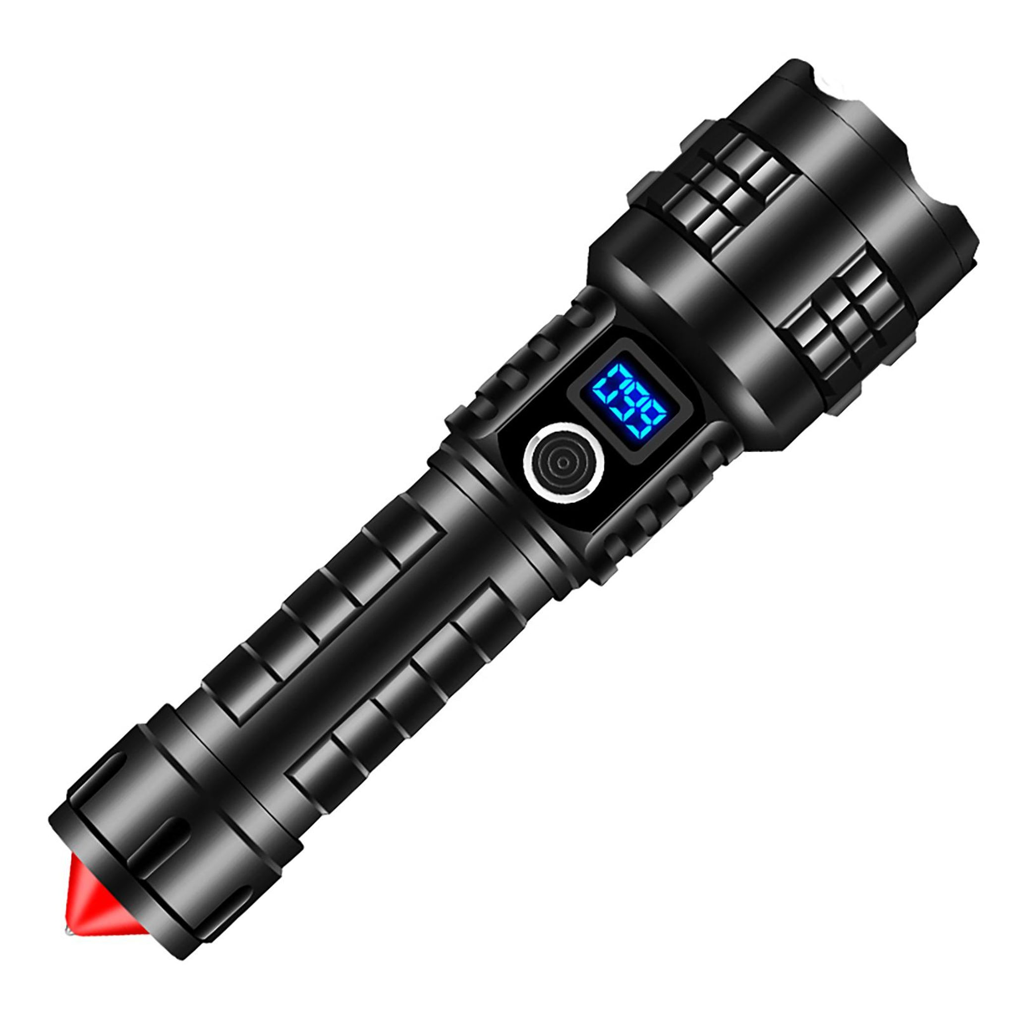 Schwarze Taschenlampe mit blauem Digitaldisplay und rotem Notfallhammer-Einsatz.