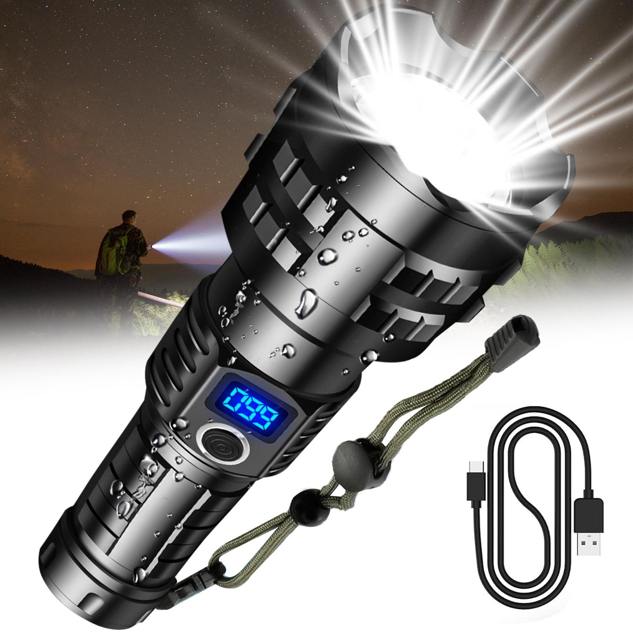 Eine taktische Taschenlampe mit digitaler Anzeige und Lanyard, daneben ein USB-Ladekabel.