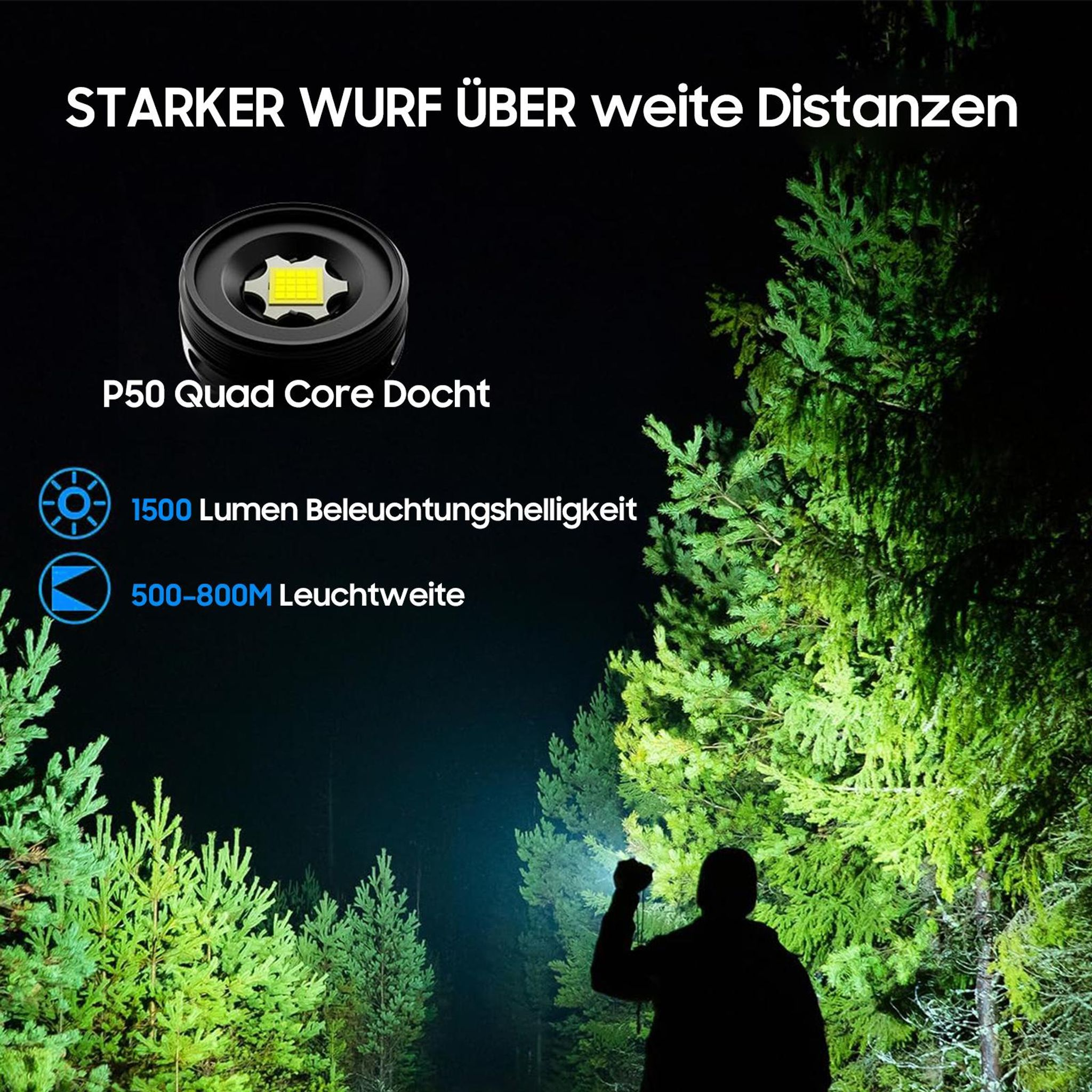 Mann leuchtet mit Taschenlampe auf Bäume in dunklem Wald. 1500 Lumen.