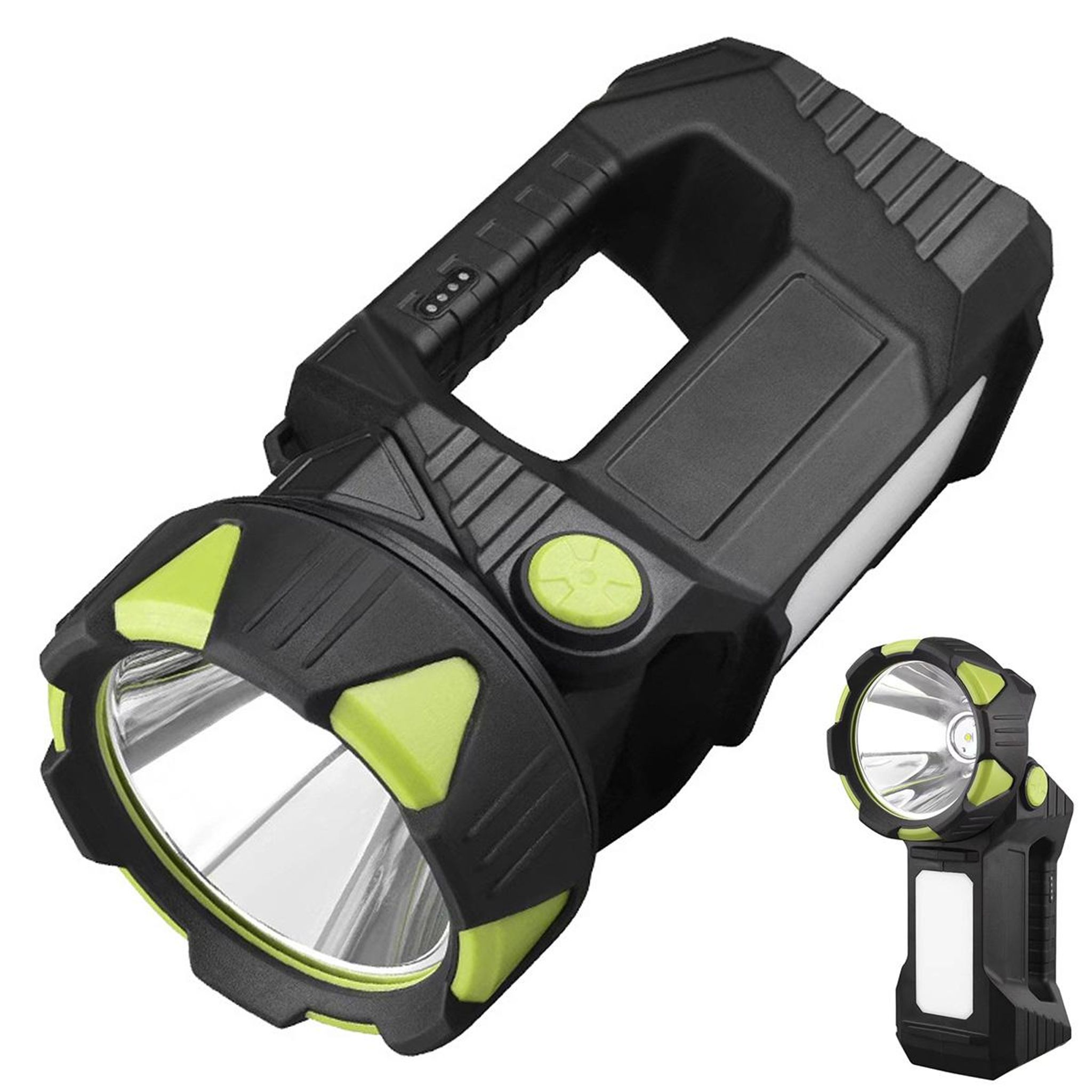 Schwarze und grüne Taschenlampe mit Ladeanzeige und Griff.
