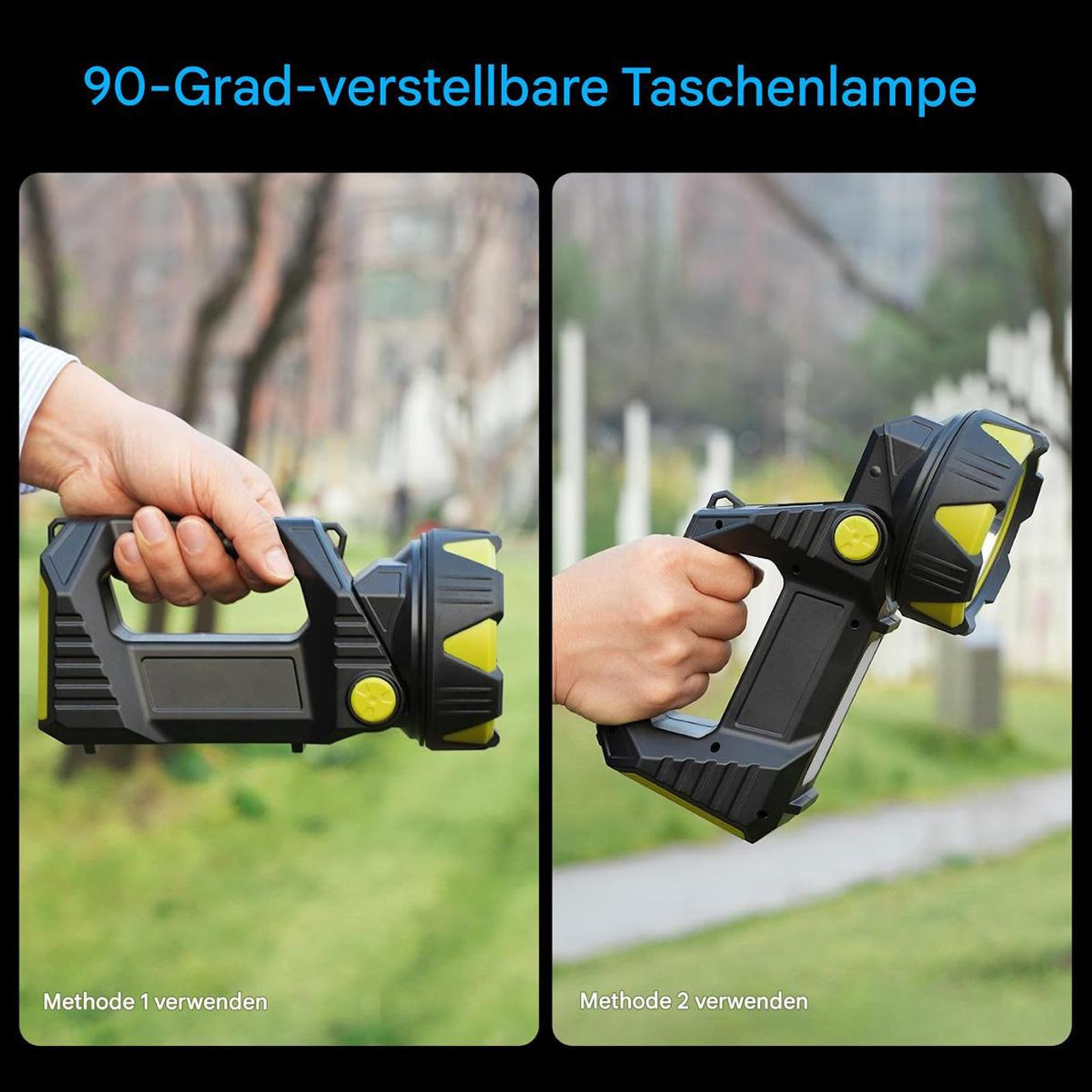 Zwei Hände halten eine schwarze und gelbe Taschenlampe. Links ist "Methode 1 verwenden" zu lesen.