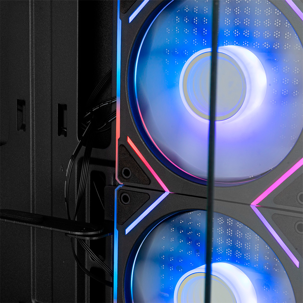 Dos ventiladores de PC iluminados con luces azules y rojas dentro de una caja negra.