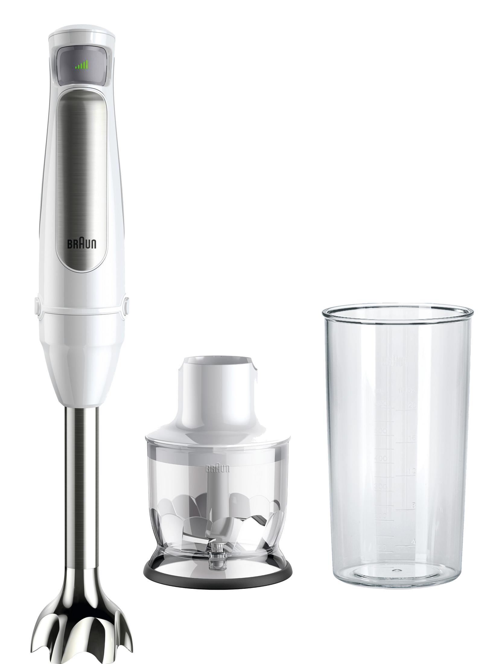 Biały blender ręczny z metalową stopą, rozdrabniaczem i kubkiem miarowym.