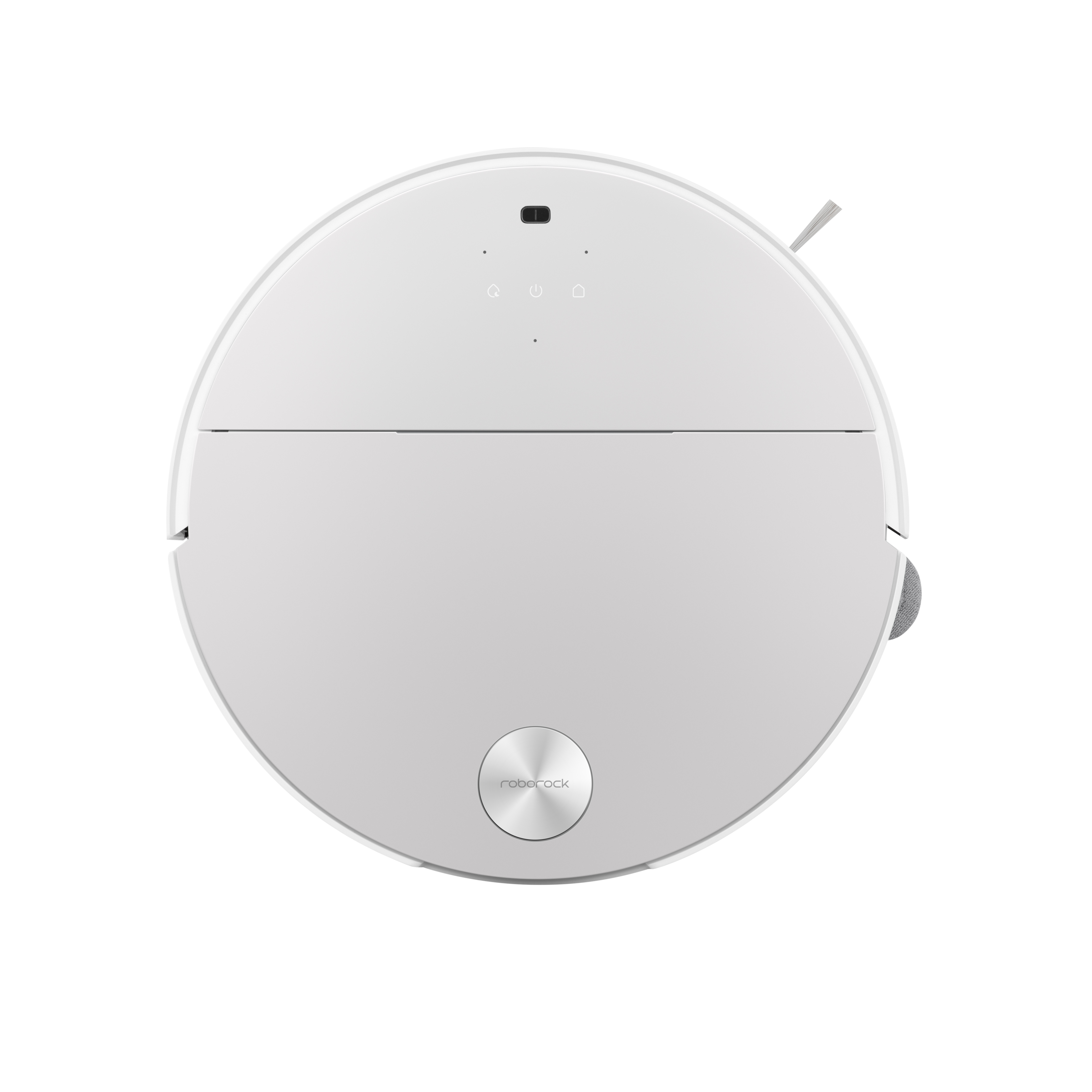 Biały robot sprzątający ze srebrnym przyciskiem i przyciskami sterującymi.
