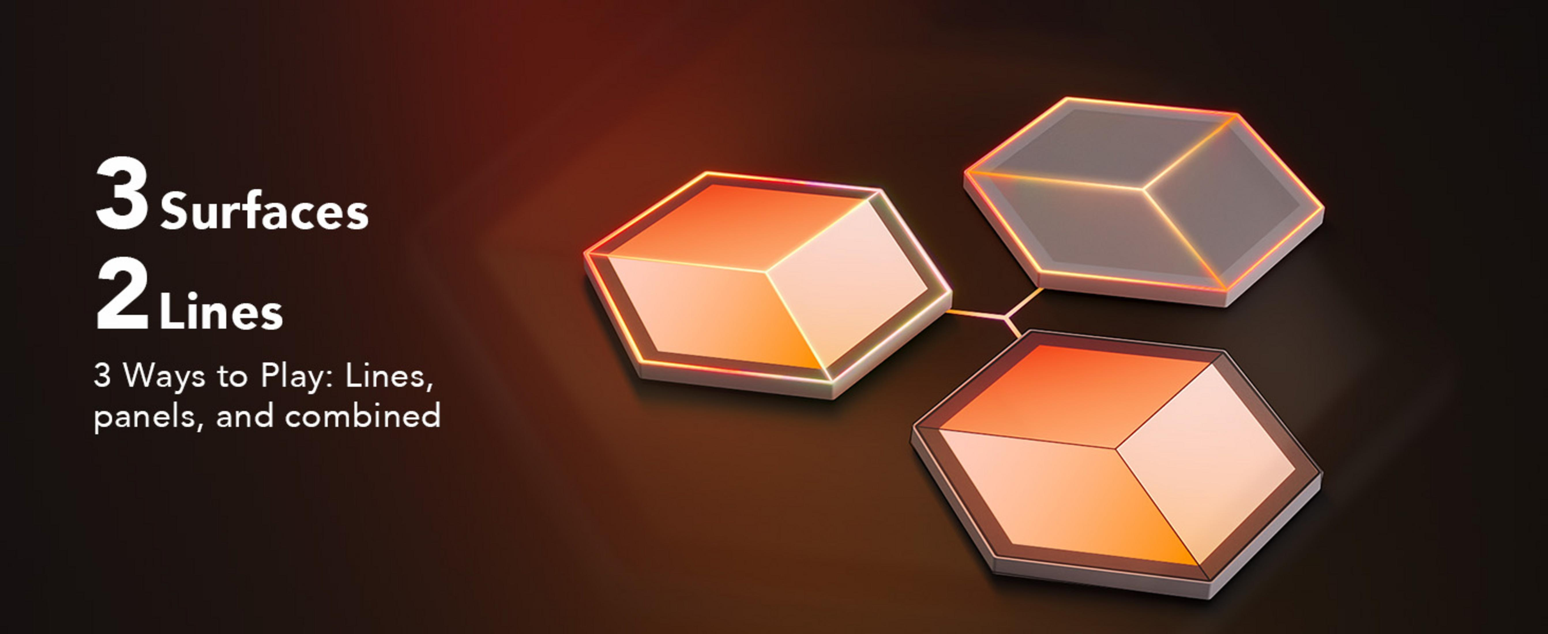 Trois panneaux hexagonaux lumineux sur fond sombre.