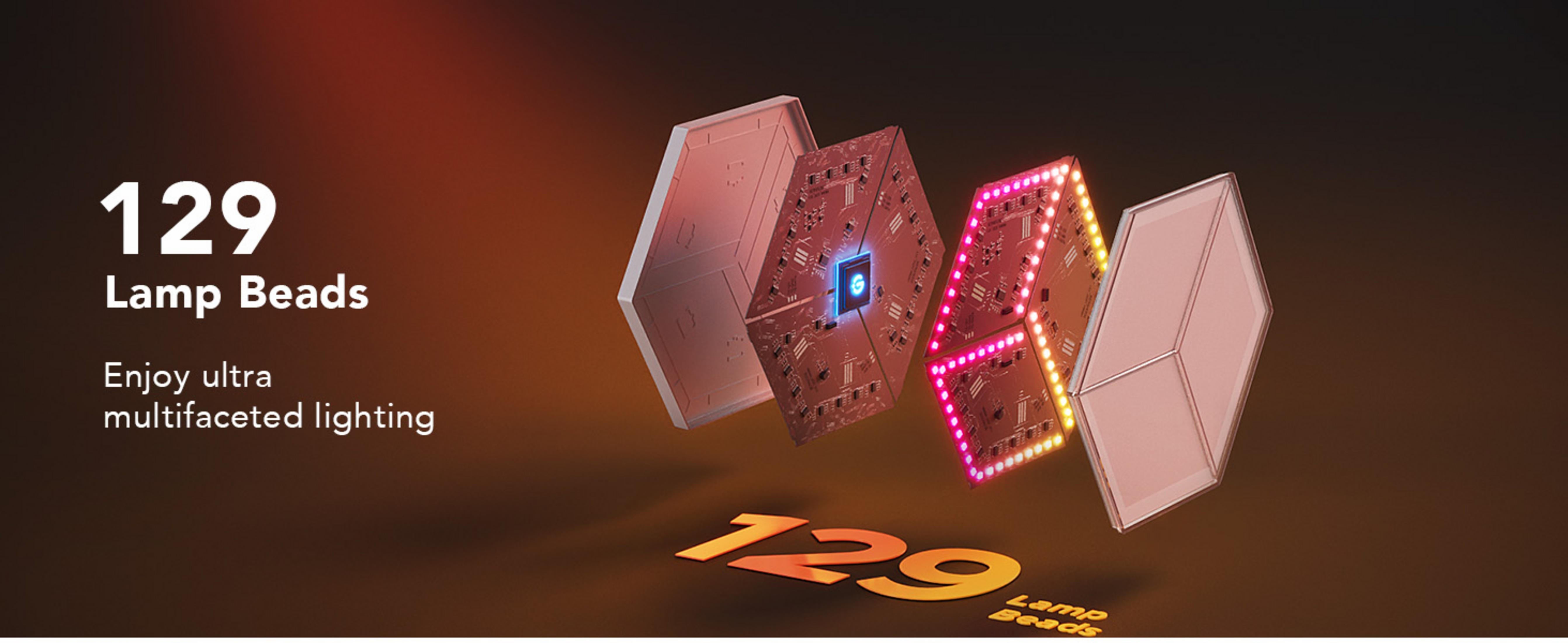 Modules de lampe hexagonaux avec circuits imprimés et LED roses et jaunes.