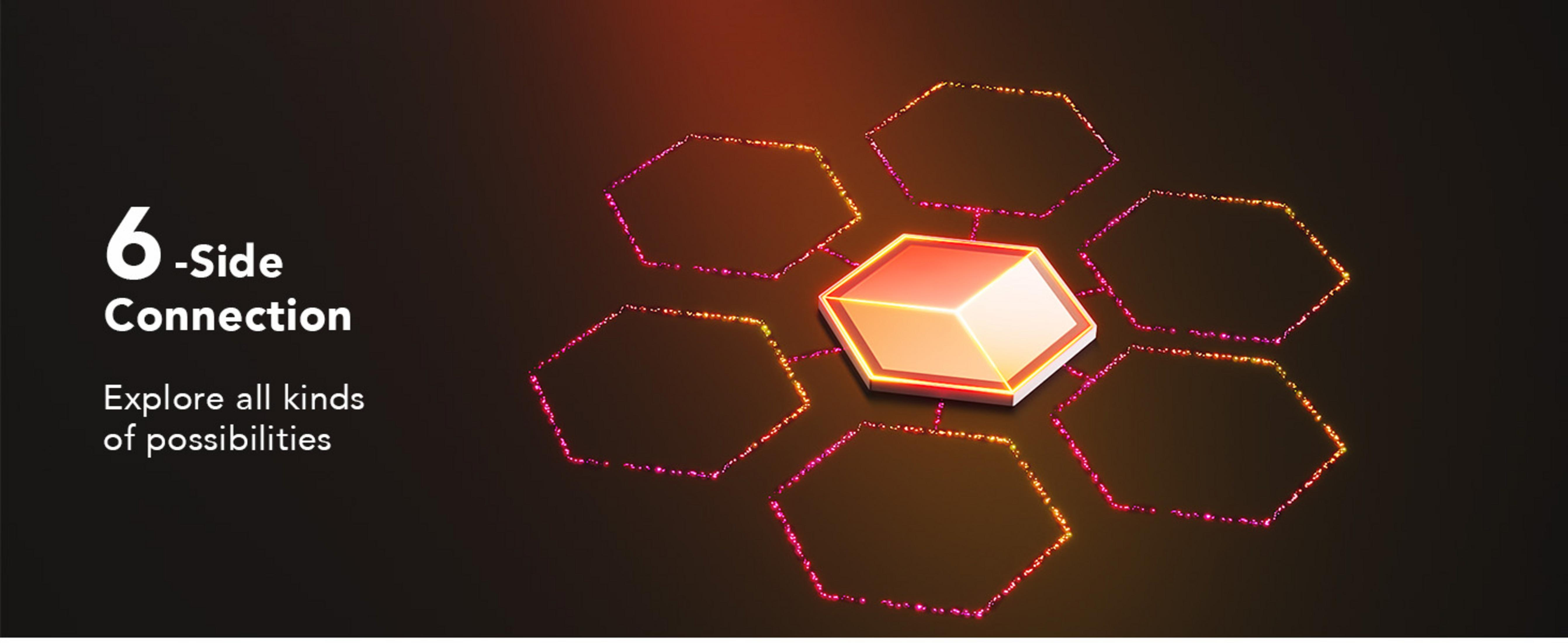 Un noyau hexagonal lumineux relié à des hexagones scintillants et délimités.