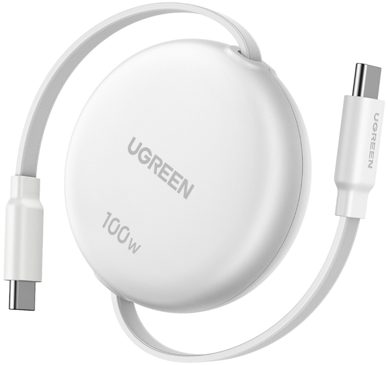 Biały kabel UGREEN 100W USB-C z mechanizmem zwijającym.