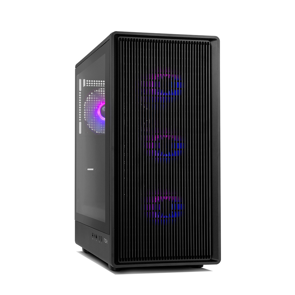 Torre de PC negra con rejillas verticales y ventiladores iluminados visibles.