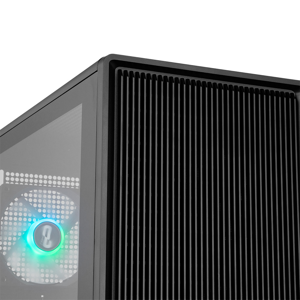 Una caja de PC negra con ventilador iluminado y rejillas verticales.