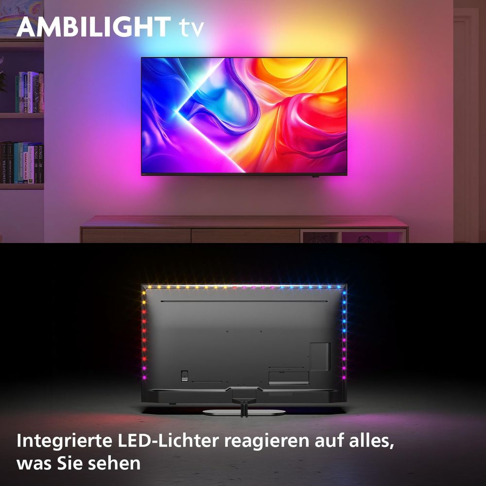 Telewizor Ambilight z kolorowymi światłami z przodu i z tyłu.