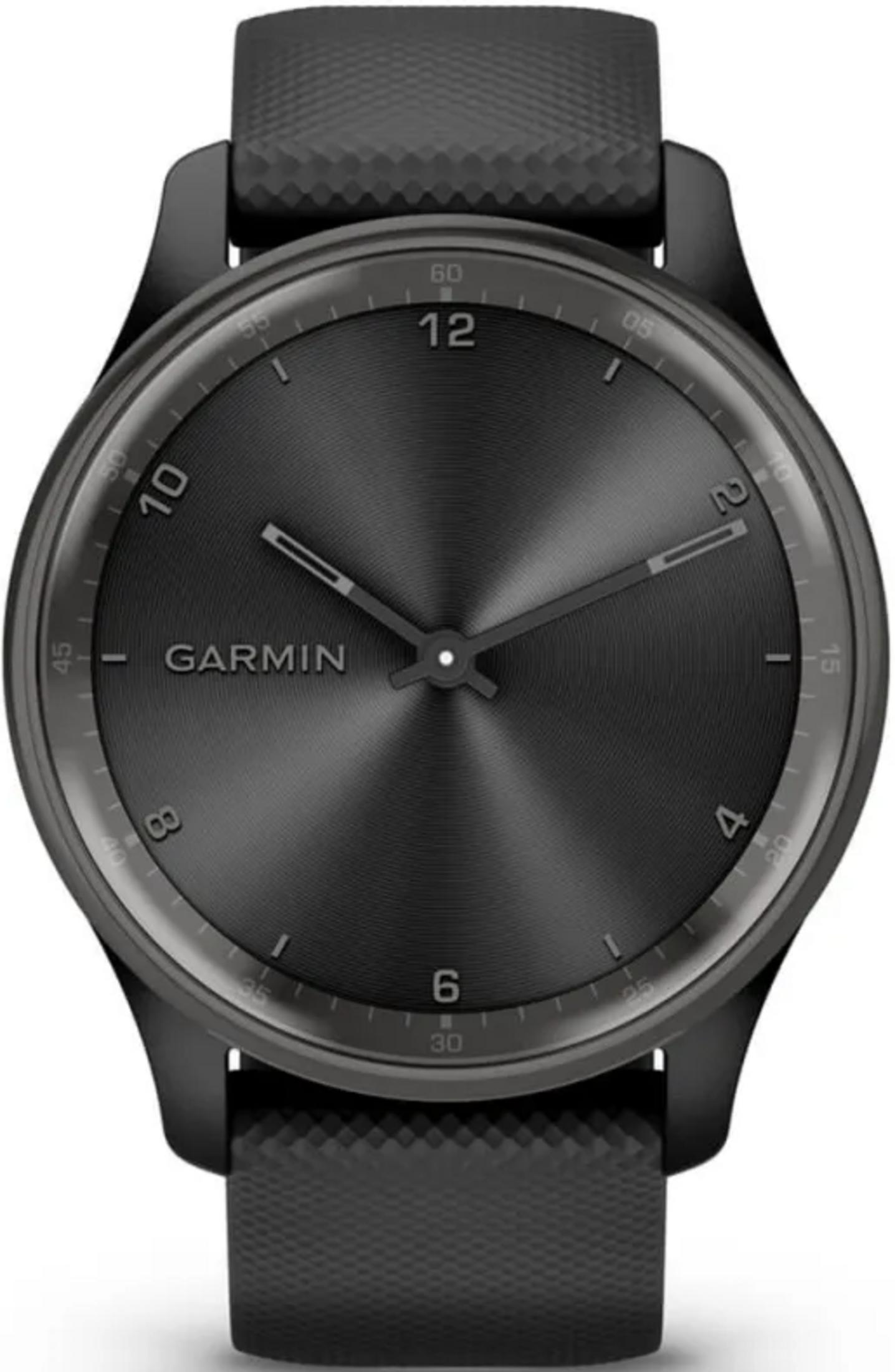 Czarny smartwatch Garmin z szczotkowaną tarczą i srebrnymi wskazówkami.