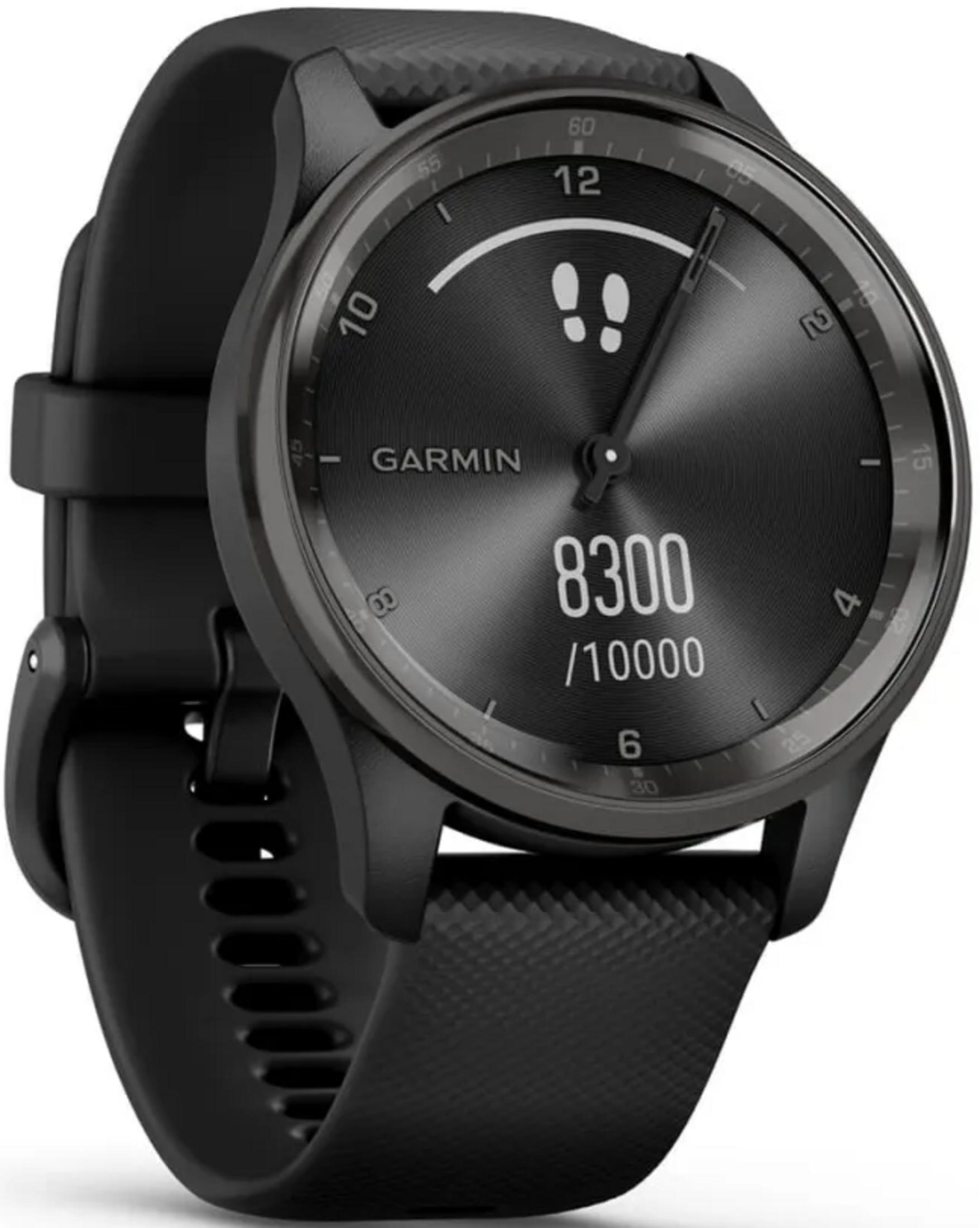 Czarny smartwatch Garmin pokazuje 8300 z 10000 kroków.