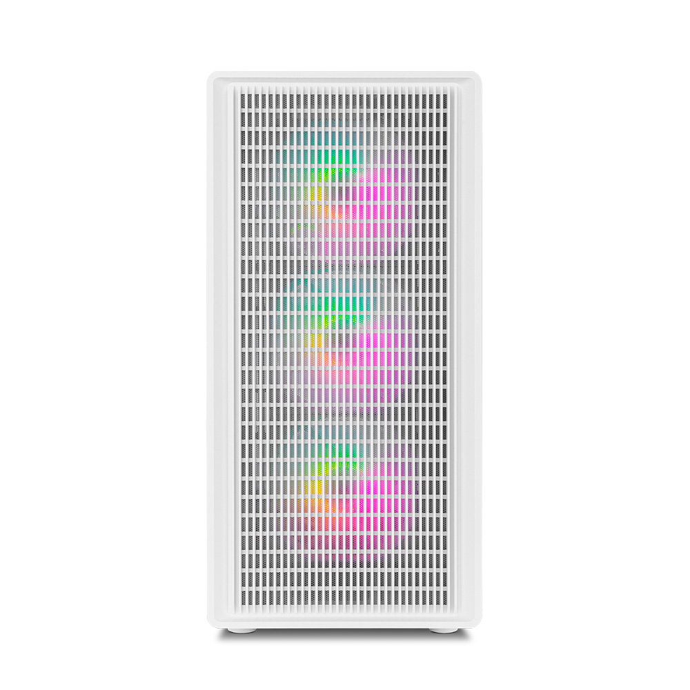 Una caja de ordenador blanca con panel frontal perforado que muestra luces coloridas.