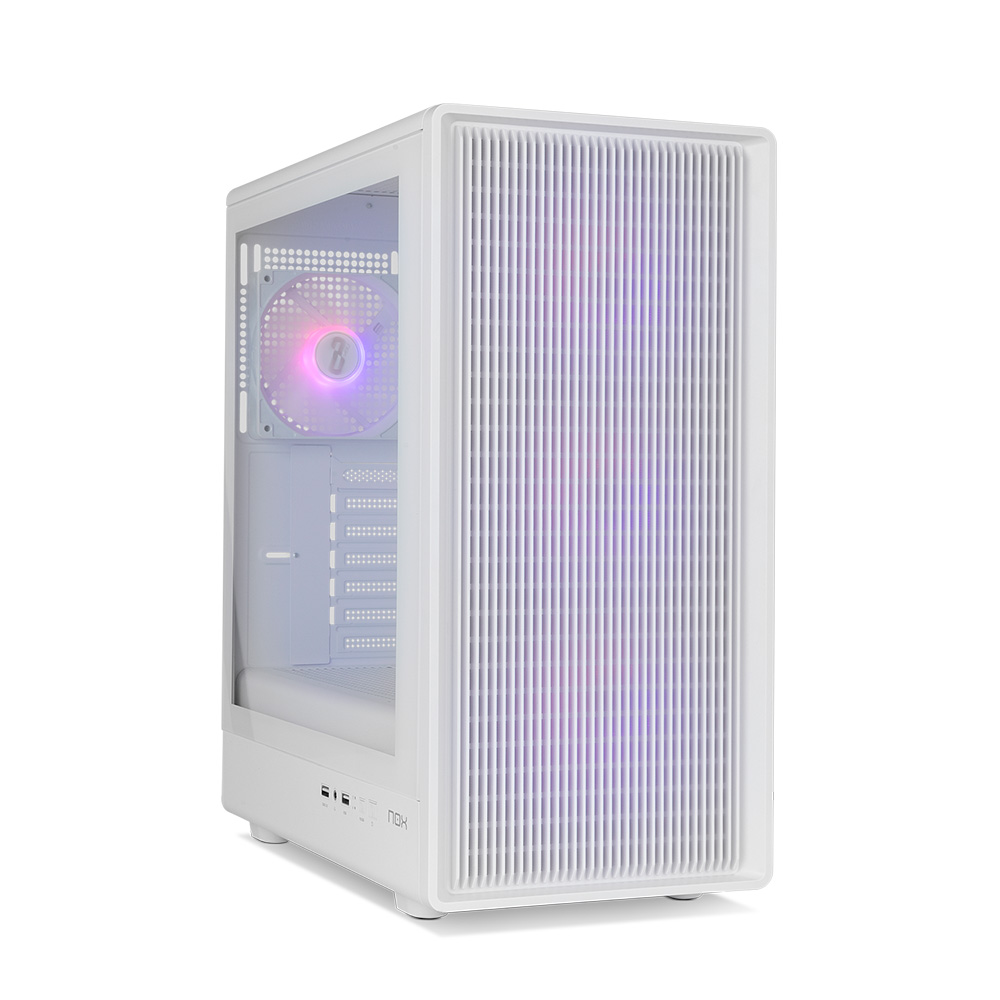 Una caja de ordenador blanca con panel lateral transparente, que muestra un ventilador colorido.