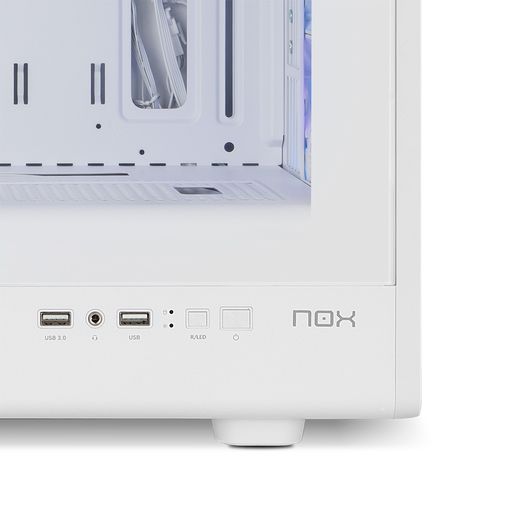 Frontal de caja de PC blanca con USB 3.0, conector de auriculares, USB y botones R/LED.