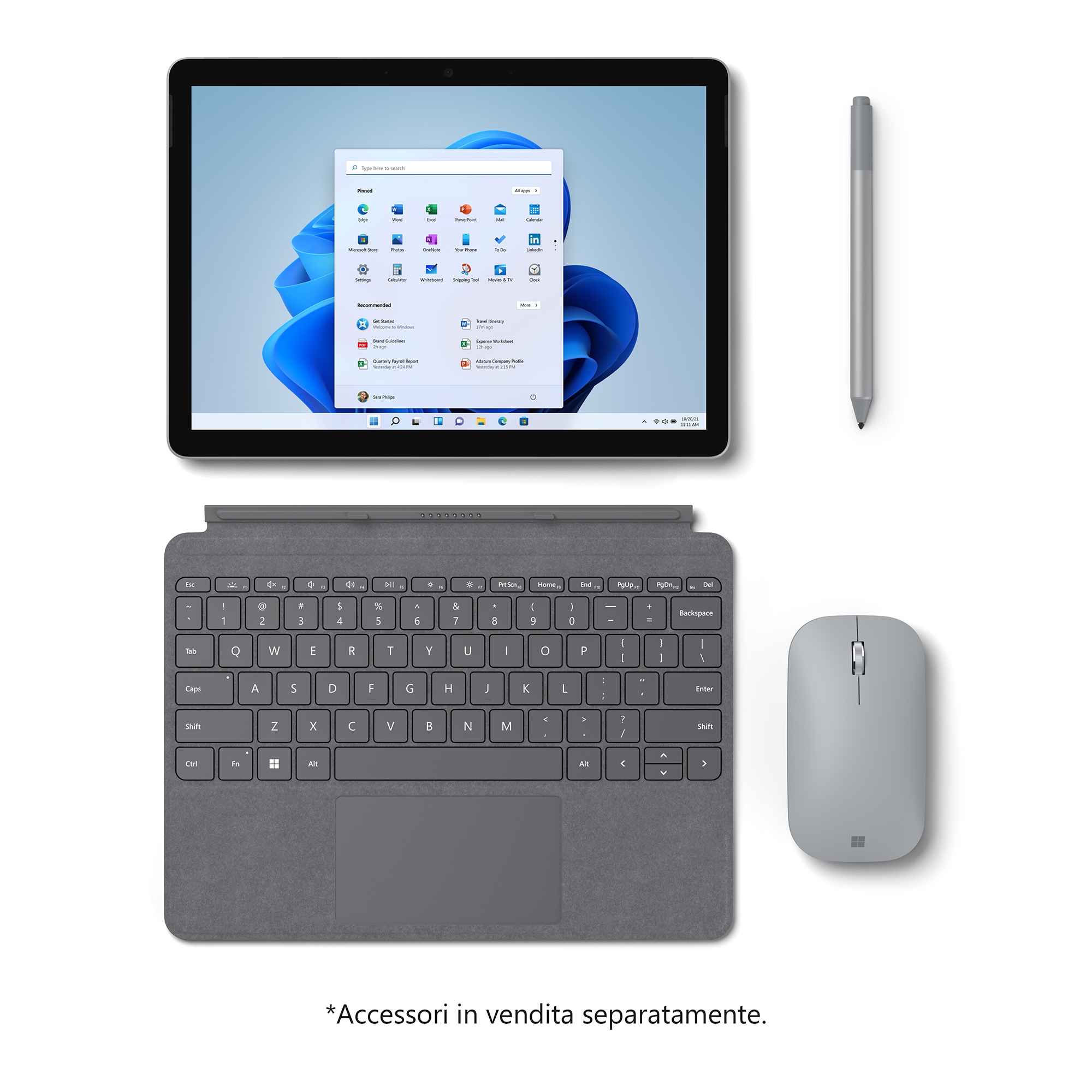 Ein Tablet mit Tastatur, Stift und Maus in Grau auf weißem Hintergrund.