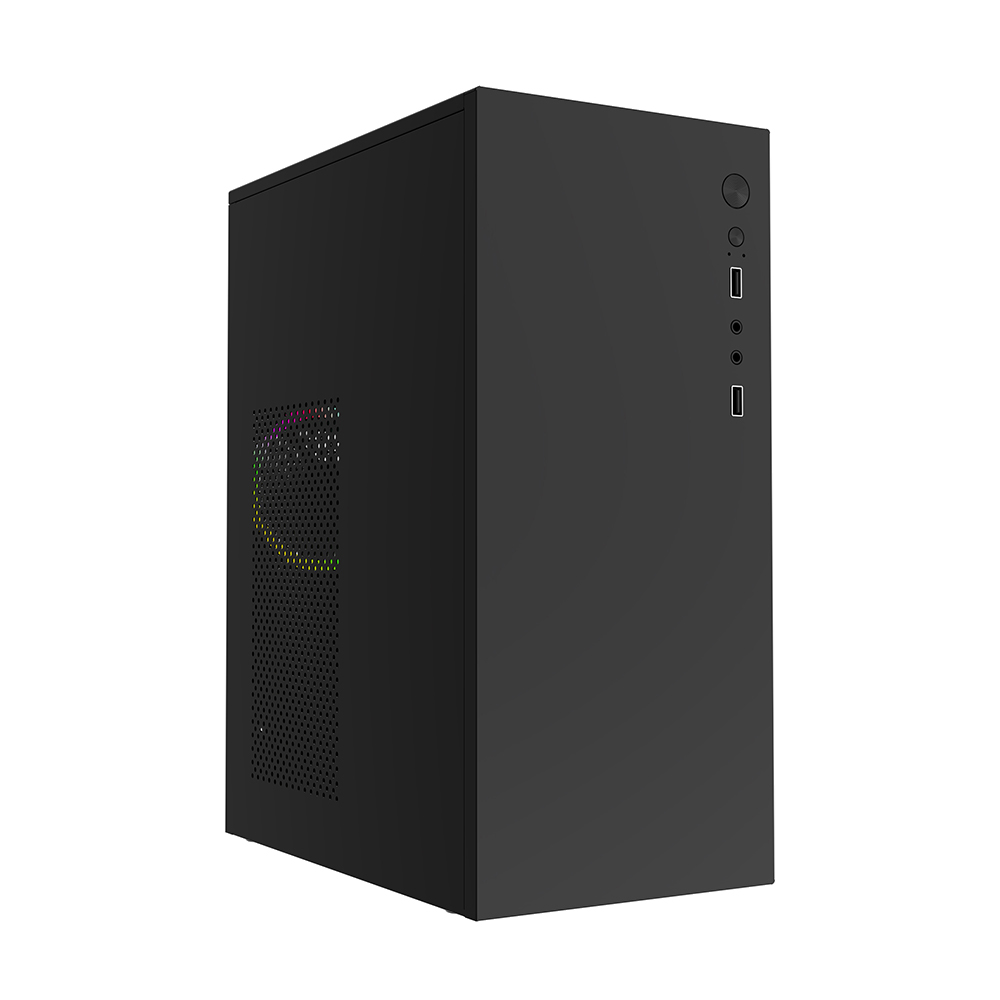 Una caja de PC negra con ventilador RGB y puertos frontales.
