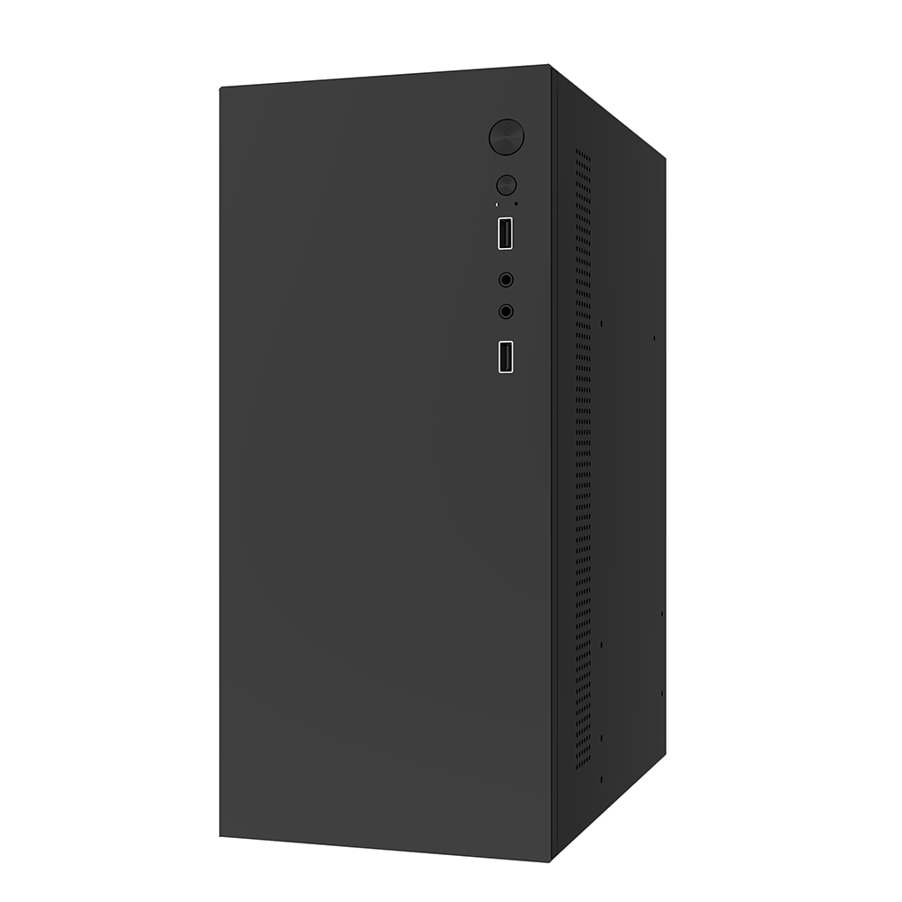 Una torre de ordenador negra con puertos y ranuras de ventilación.