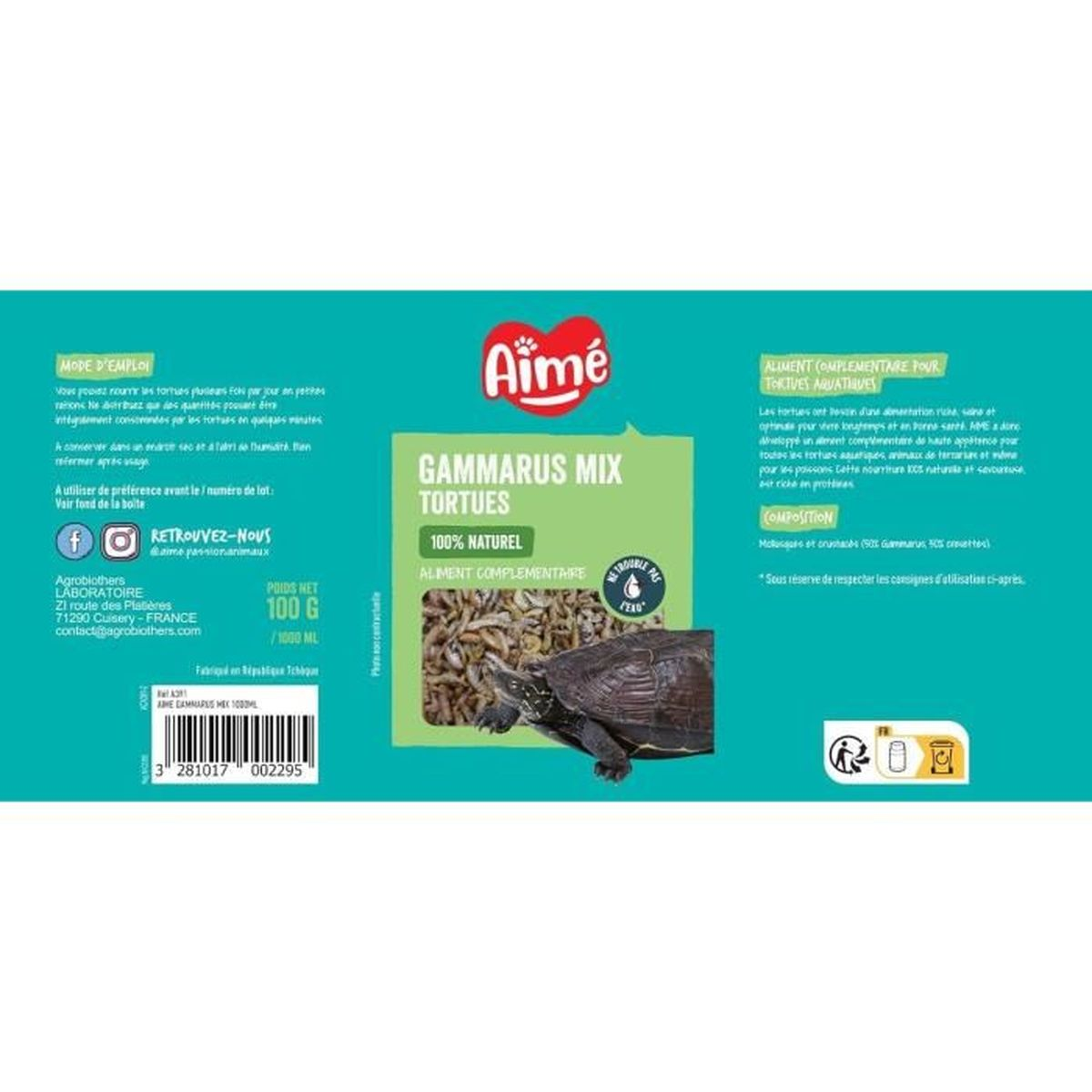 Eine Schildkröte frisst Gammarus-Mix von Aimé. 100g Packung.