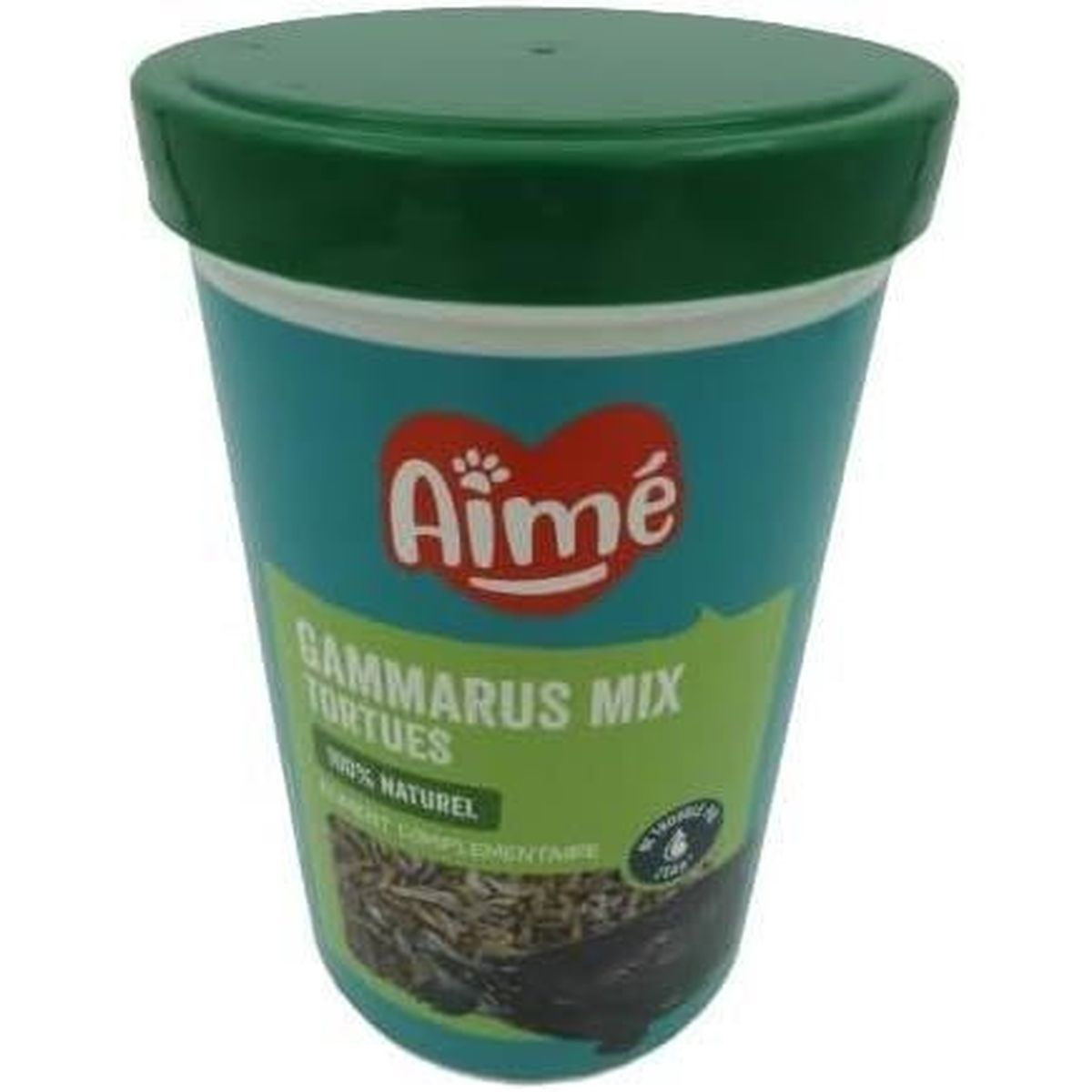 Grüner Deckel auf einem blauen Behälter mit Schildkrötenfutter und der Aufschrift "Aimé Gammarus Mix".