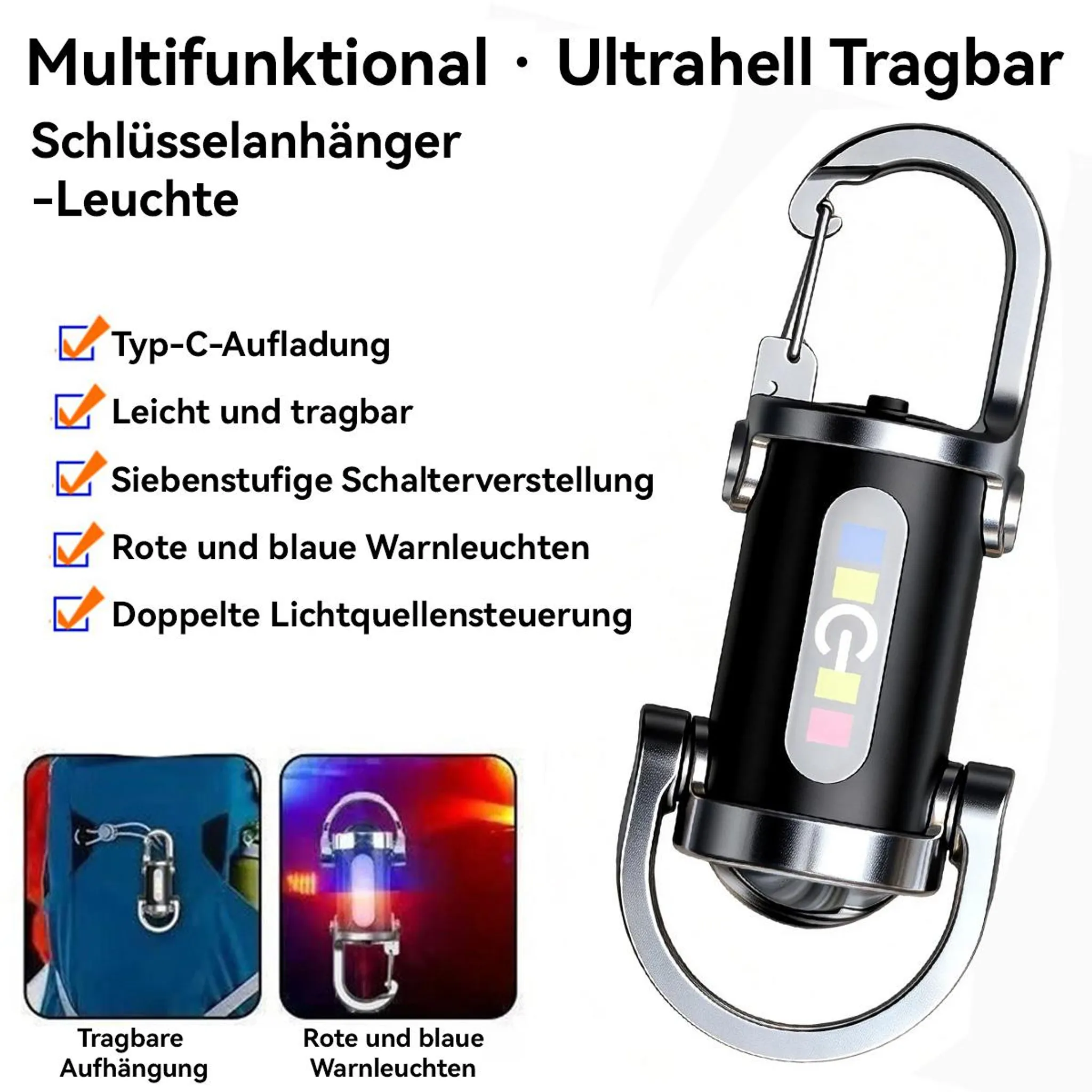 Schwarze, tragbare Multifunktions-Schlüsselanhänger-Leuchte mit carabiner.