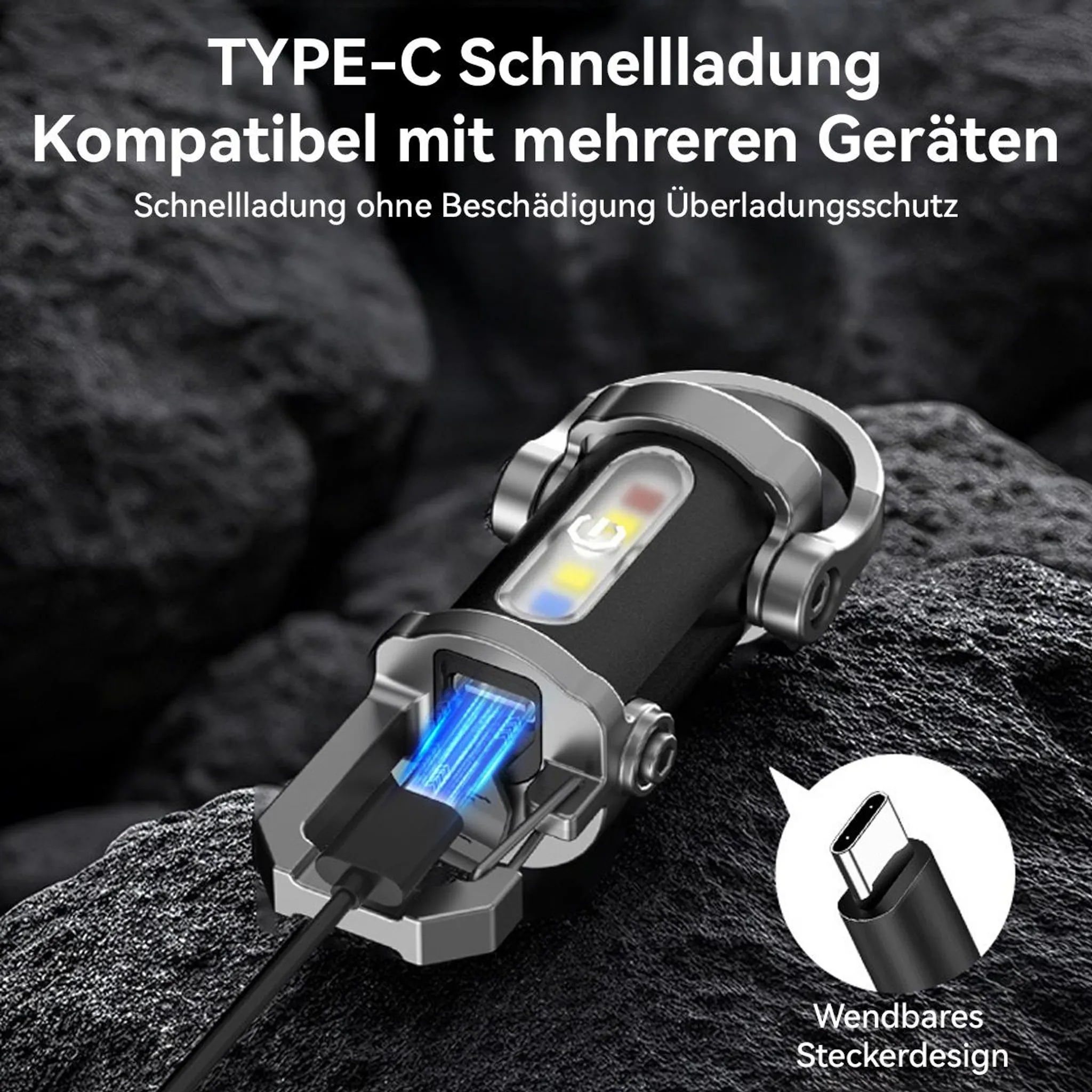 Ein schwarzes Lade gerät mit Typ-C-Anschluss und blauer Ladeanzeige.