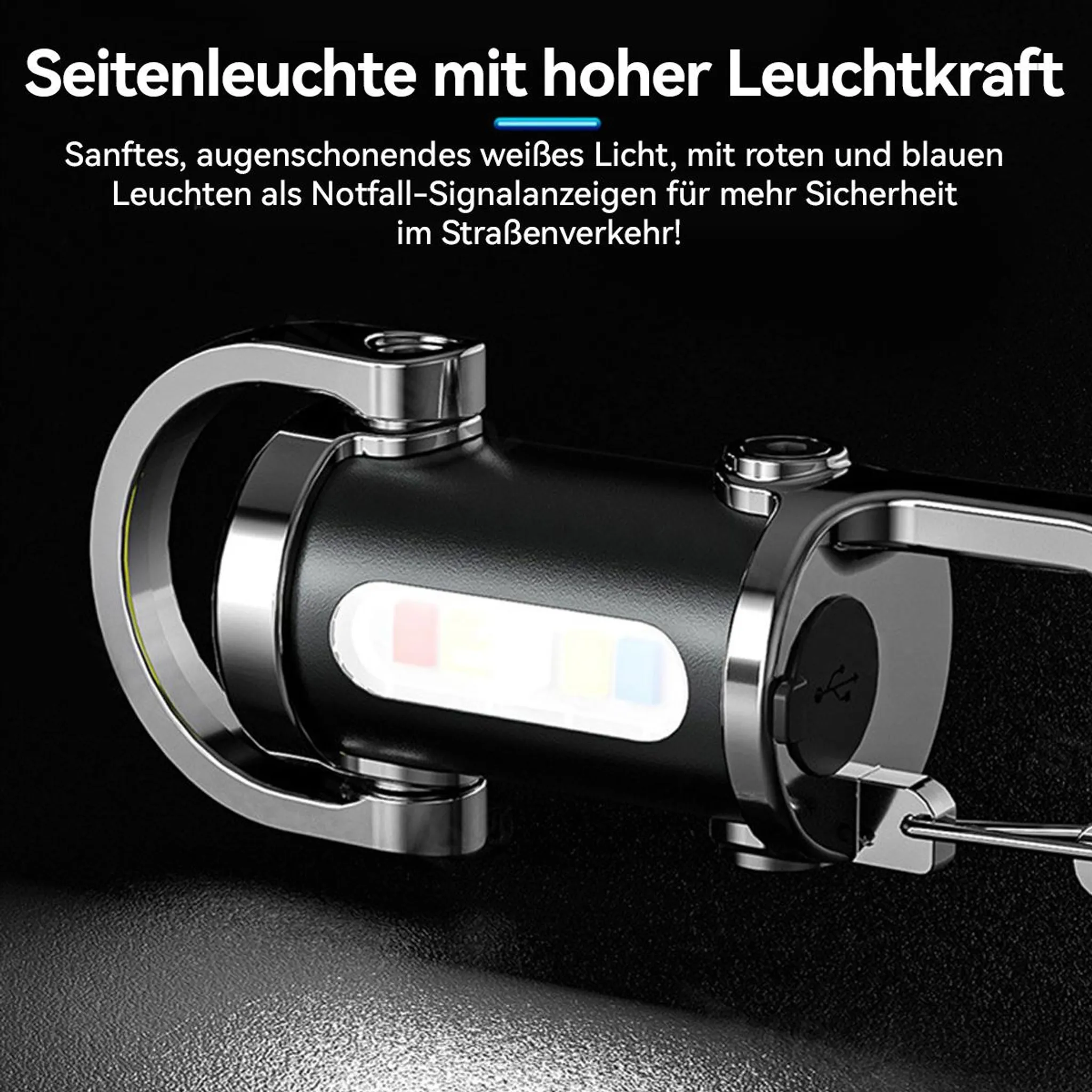 Schwarze Taschenlampe mit silbernen Akzenten, USB-Anschluss und bunten LEDs.