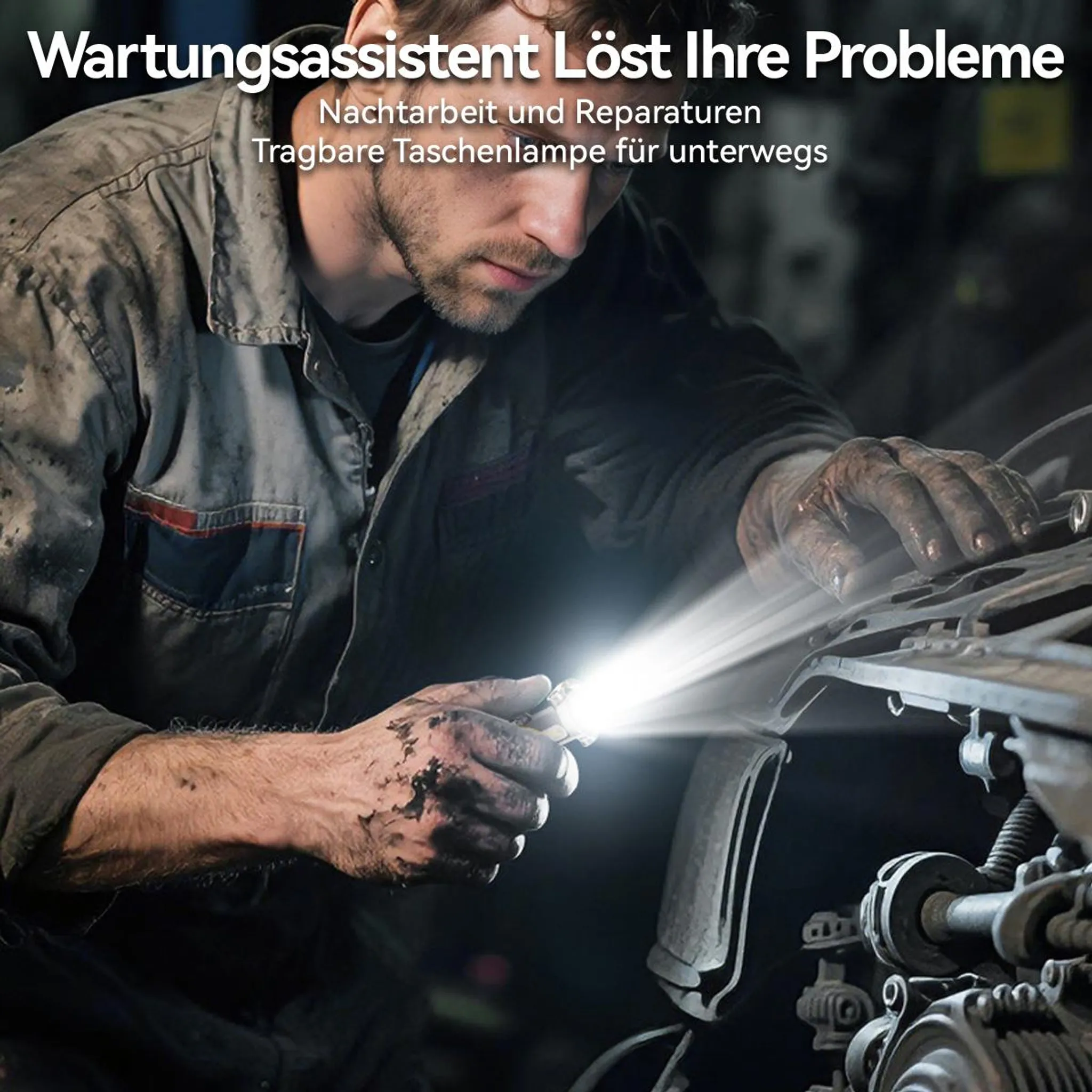 Ein Mechaniker leuchtet mit einer Taschenlampe in einen Motorraum.