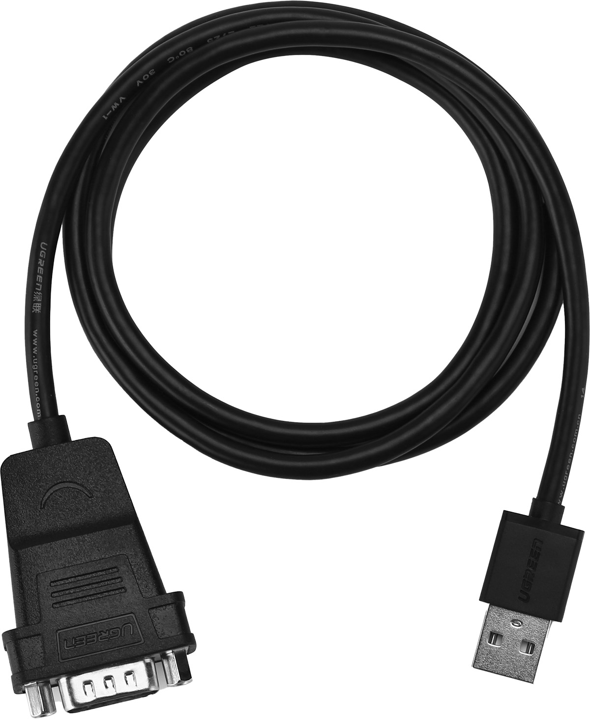 Czarny kabel USB do DB9 z widocznymi oboma złączami.