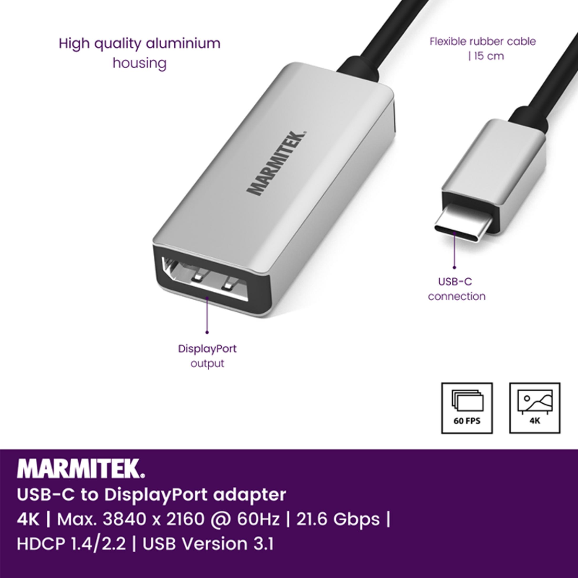 Adaptateur Marmitek USB-C vers DisplayPort avec boîtier en aluminium et câble de 15cm.