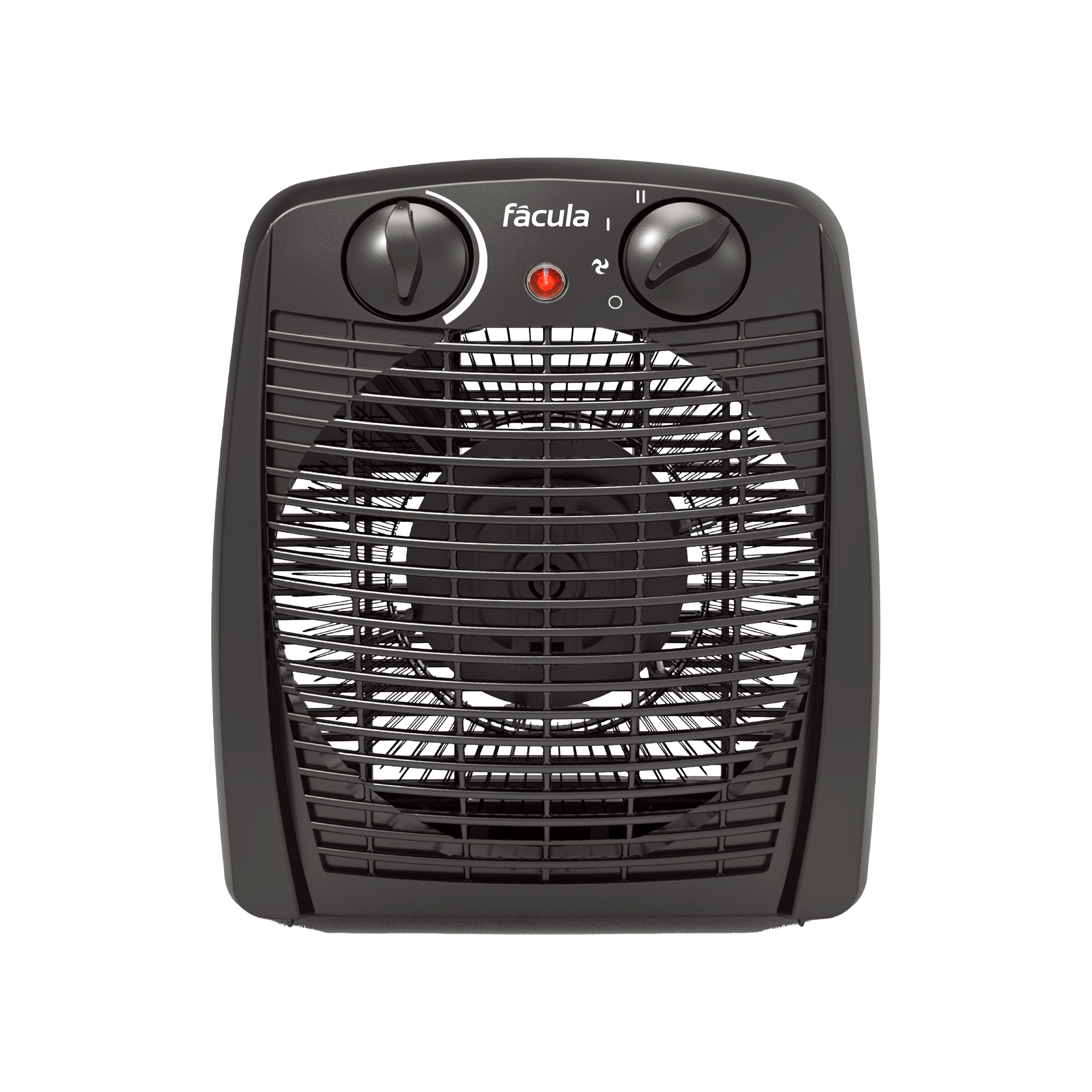 Un calefactor portátil negro con ventilador, perillas y luz indicadora roja.