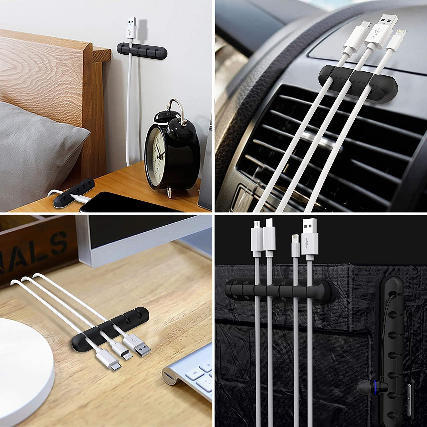 Czarny uchwyt na kable z białymi kablami w różnych scenariuszach: przy łóżku, w samochodzie, na biurku, na ścianie.