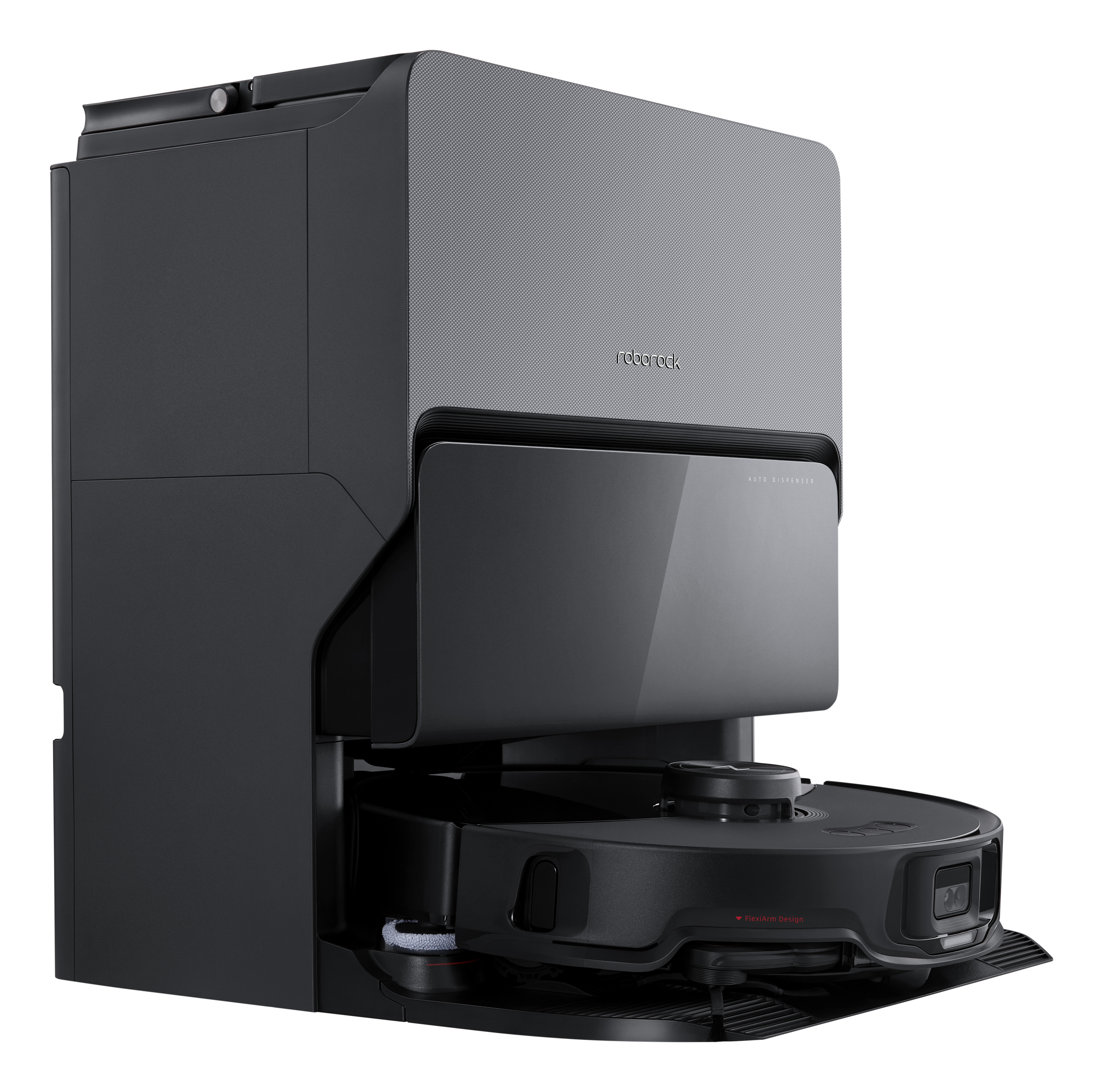 Czarny robot sprzątający ze stacją dokującą. Logo 