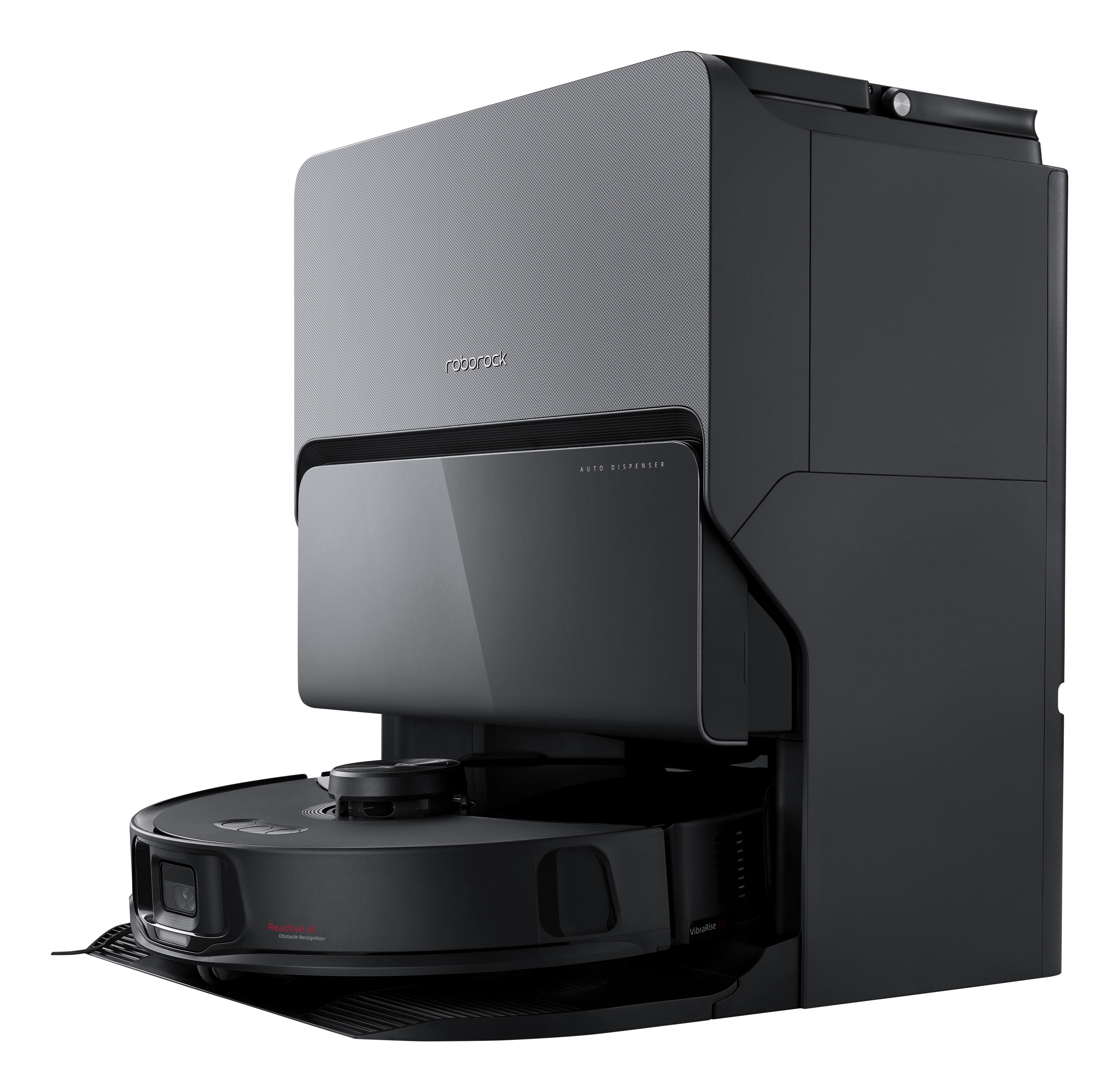 Czarny robot odkurzający ze stacją dokującą, wszystko na białym tle.