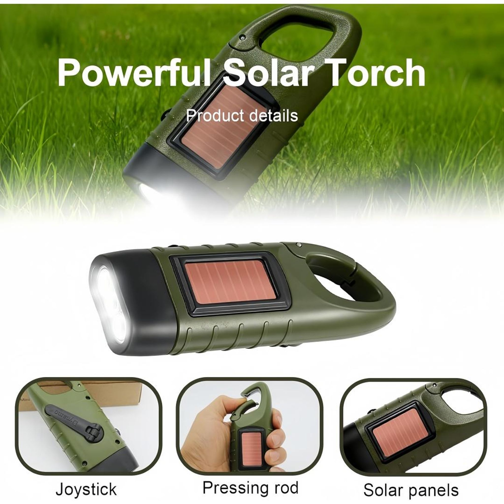 Grüne solarbetriebene Taschenlampe mit Griff, Solarpanel und LED-Licht.