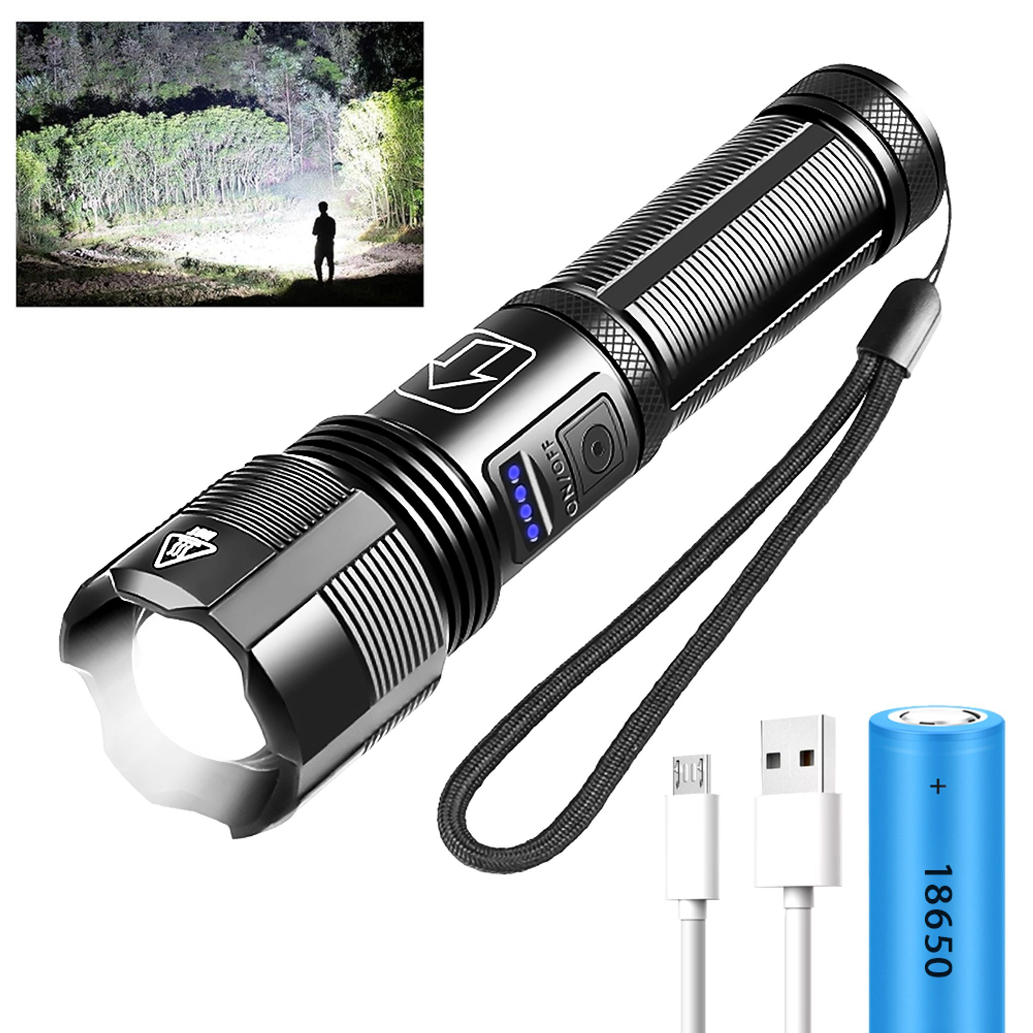 Eine schwarze Taschenlampe mit Lanyard, USB-Kabel und 18650-Akku.
