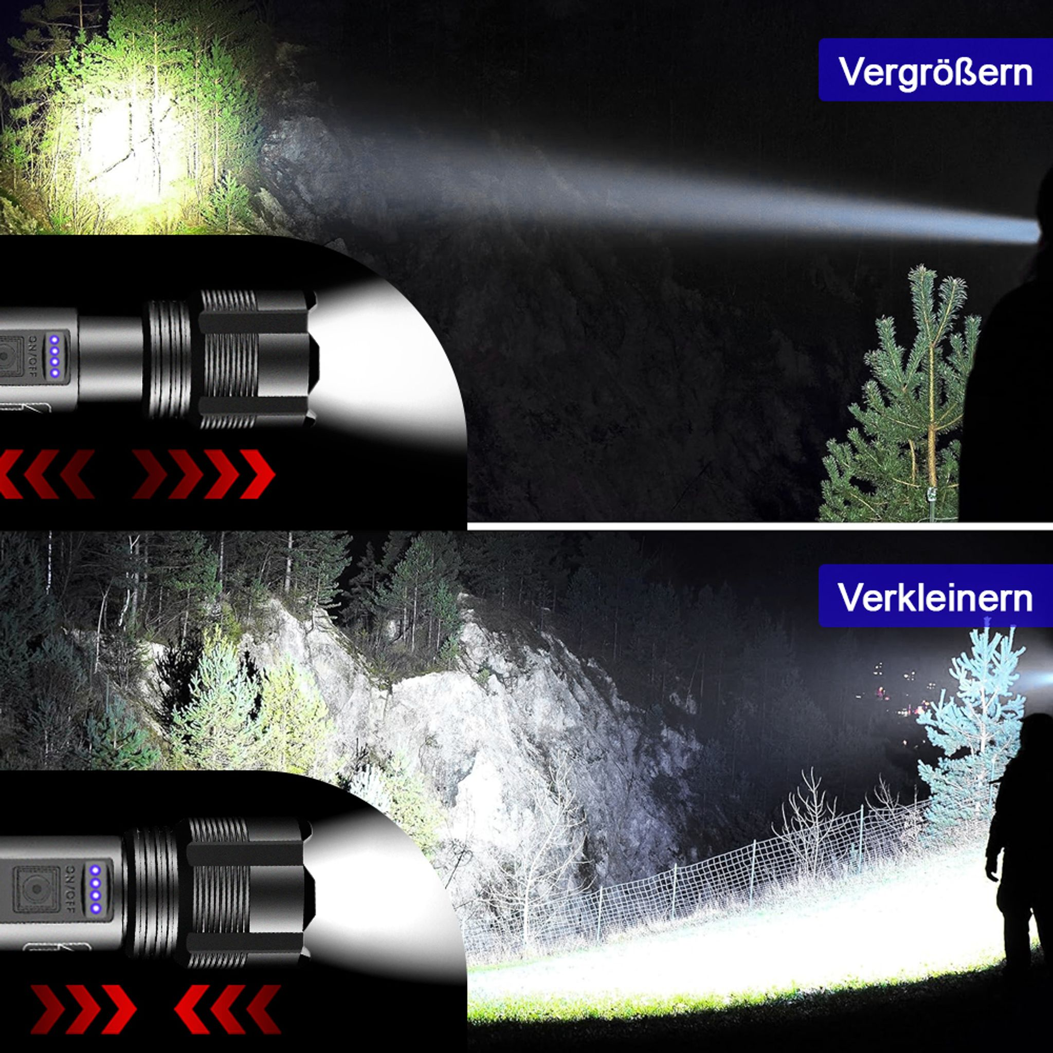 Taschenlampe beleuchtet Wald, Fels und Person. Helligkeit variiert.