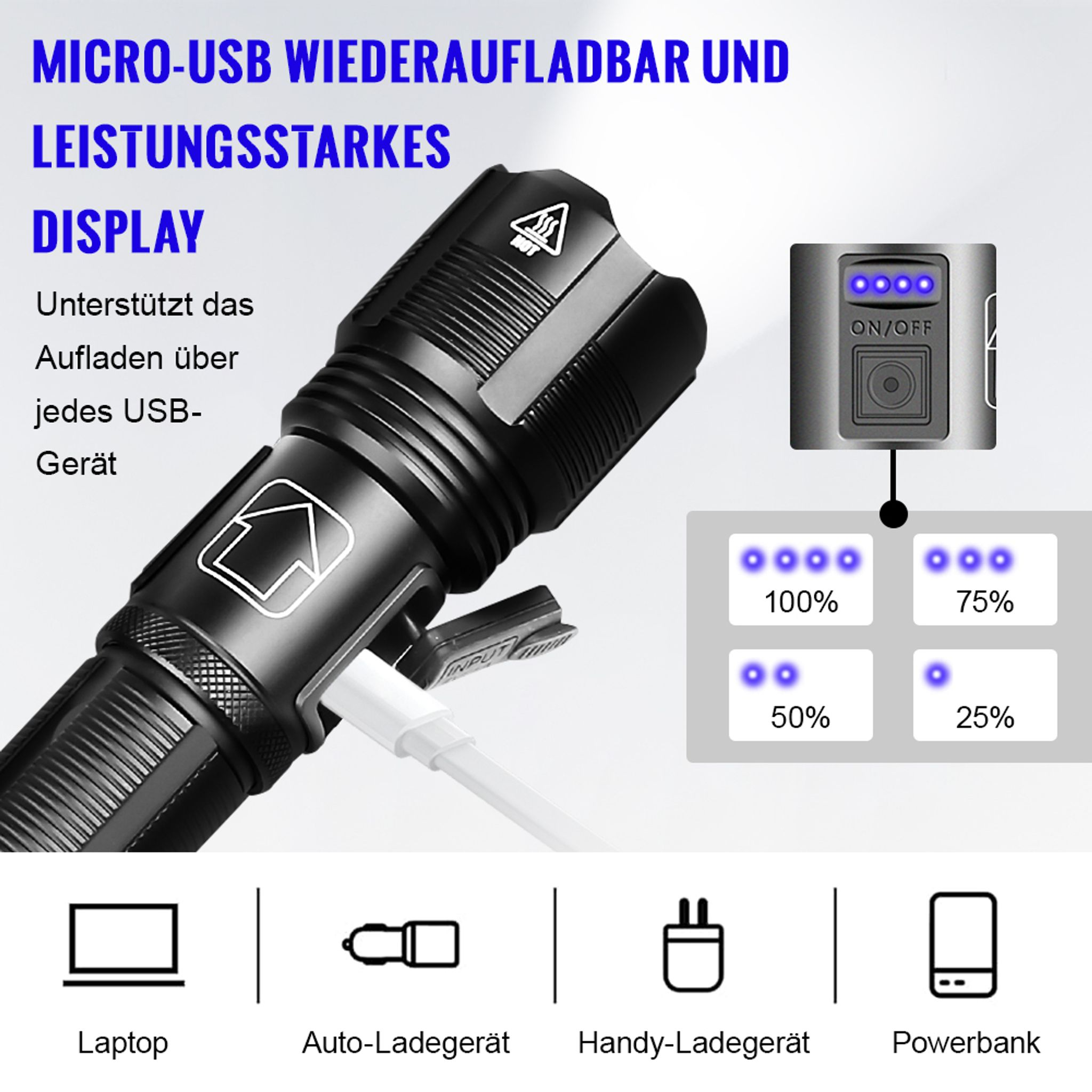 Schwarze Taschenlampe mit Micro-USB-Anschluss, Ladeanzeige und Ladeoptionen.