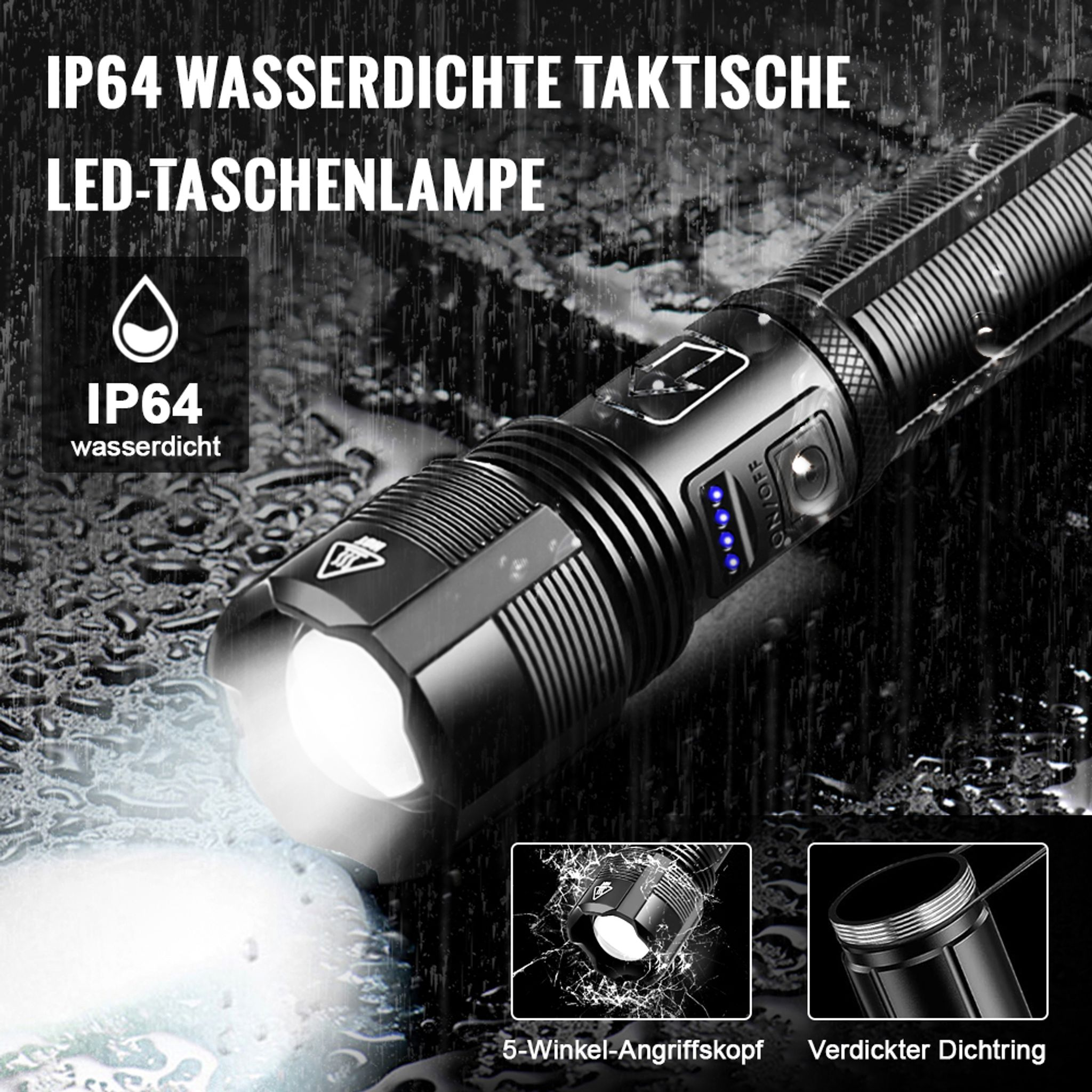 Eine schwarze, taktische LED-Taschenlampe mit IP64-Wasserdichtigkeit, die im Regen leuchtet.
