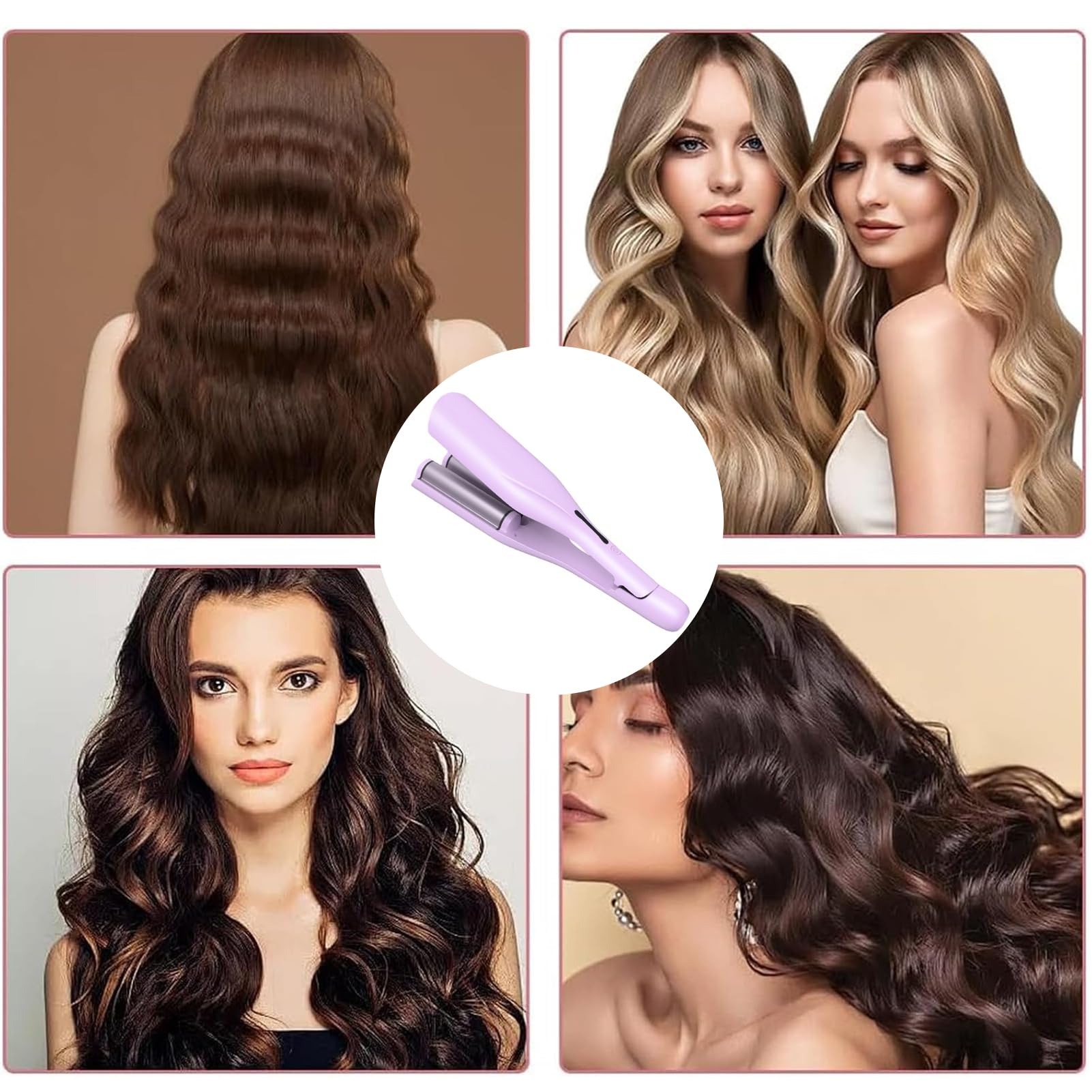 Lila Haarglätter mit Wellen-Effekt auf verschiedenen Frisuren.