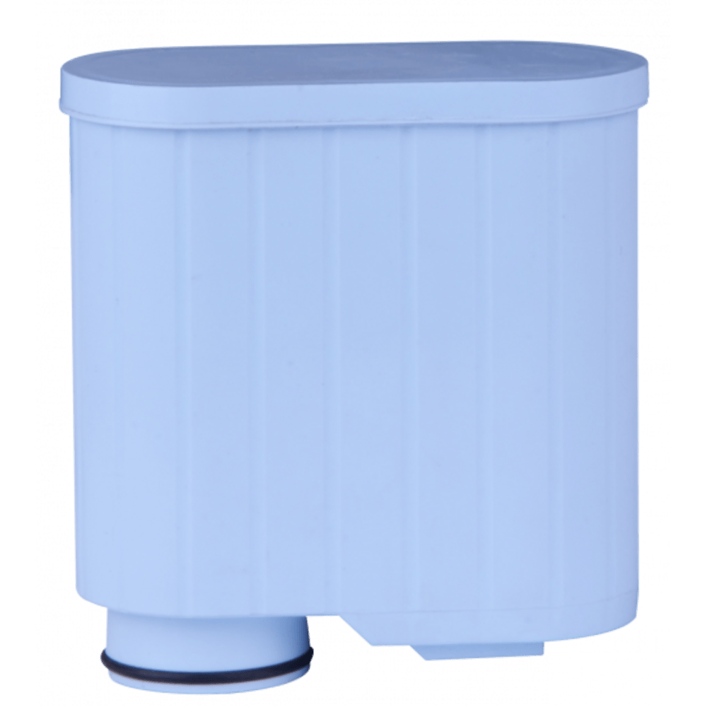 Ein blauer Wasserfilter mit vertikalen Rillen und einem abgerundeten Deckel.