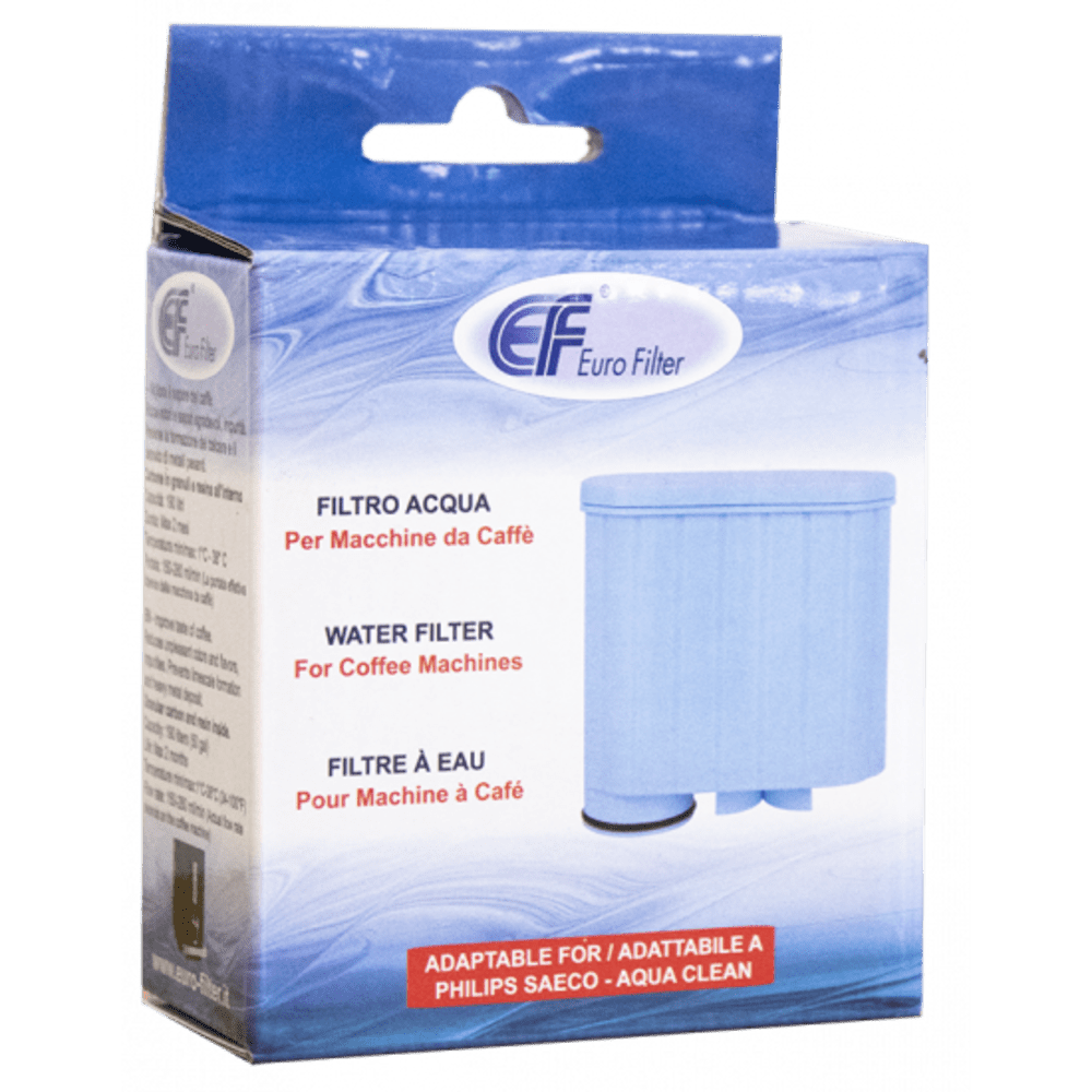Verpackung eines blauen Wasserfilters für Kaffeemaschinen.