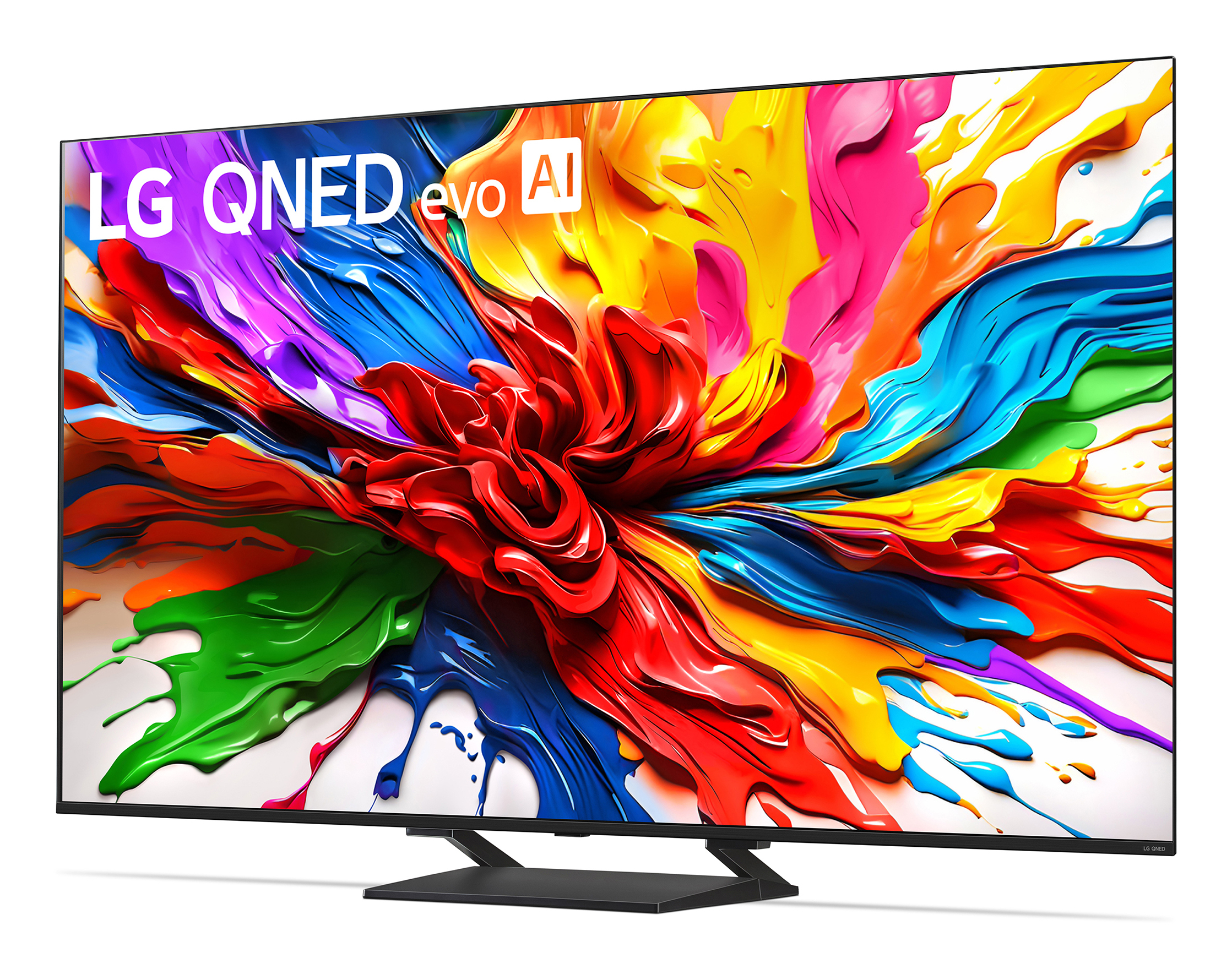 Ein LG QNED evo AI Fernseher mit einem bunten, abstrakten Bildschirmschoner.