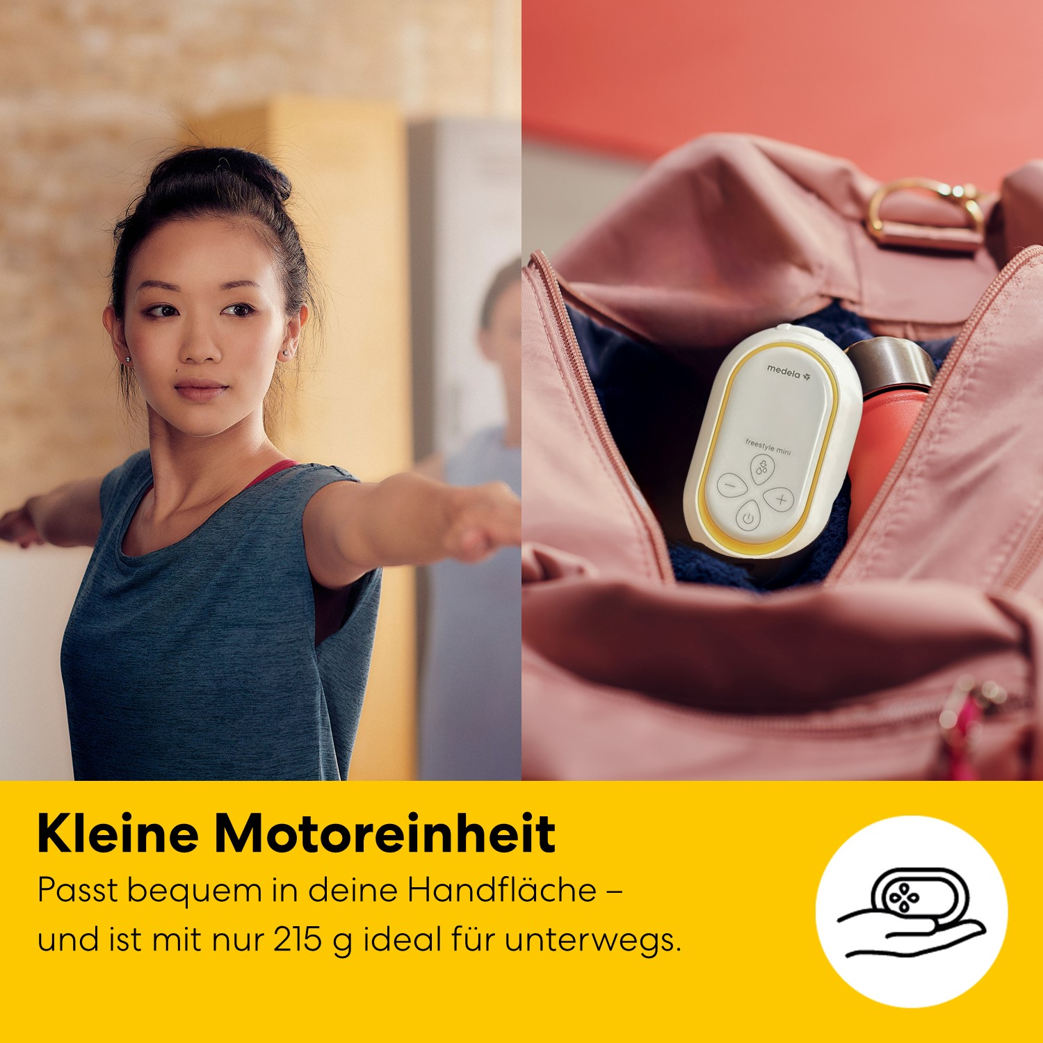 Eine Frau übt Yoga, daneben eine Medela Freestyle Mini Pumpe in einer Tasche.